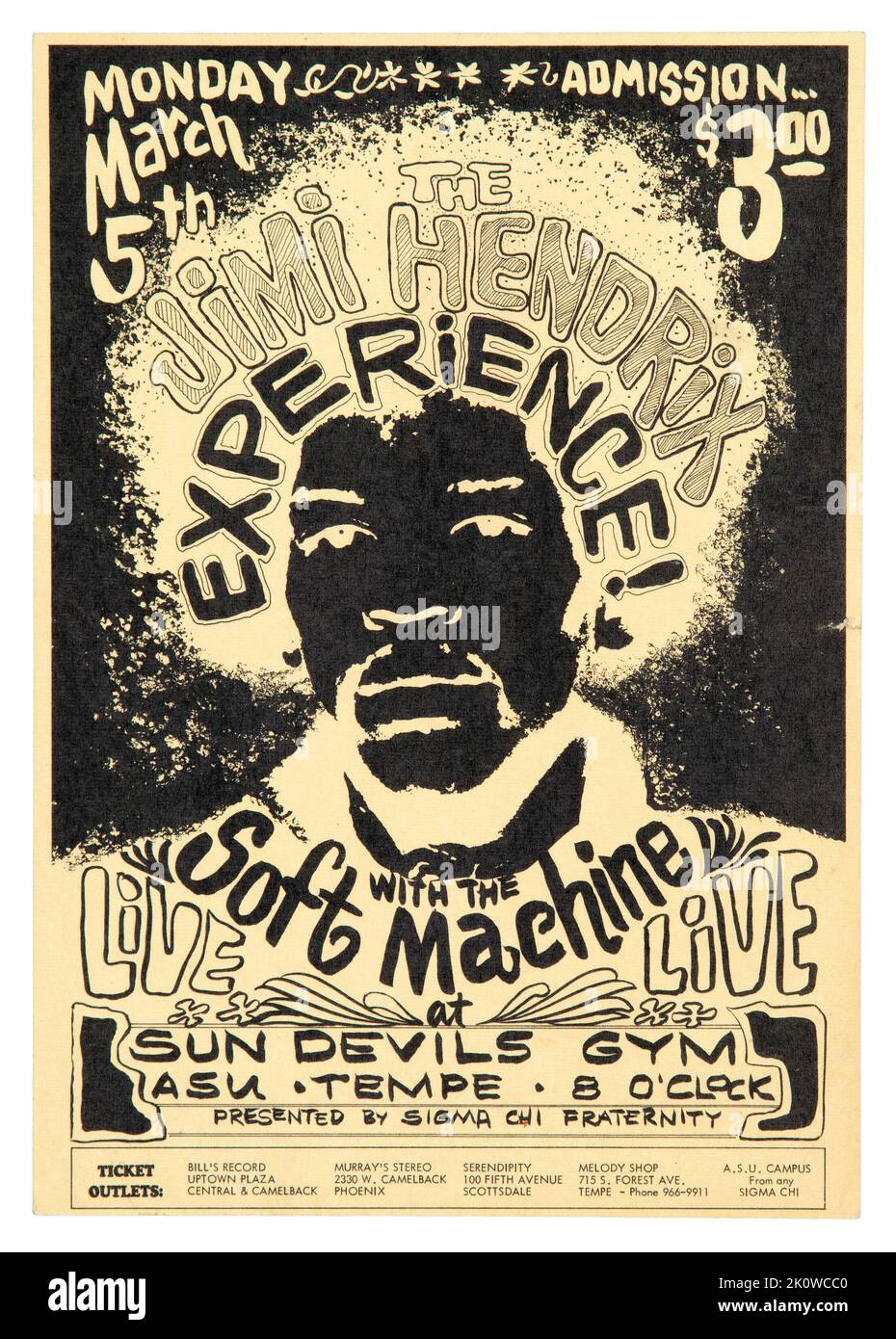 Jimi Hendrix Experience 1968 Tempe, Arizona Concert Handbill. Un volantino pubblicitario per concerti per Jimi Hendrix e i Soft Machine che si esibiscono all'Arizona State University all'inizio del 1968. Foto Stock