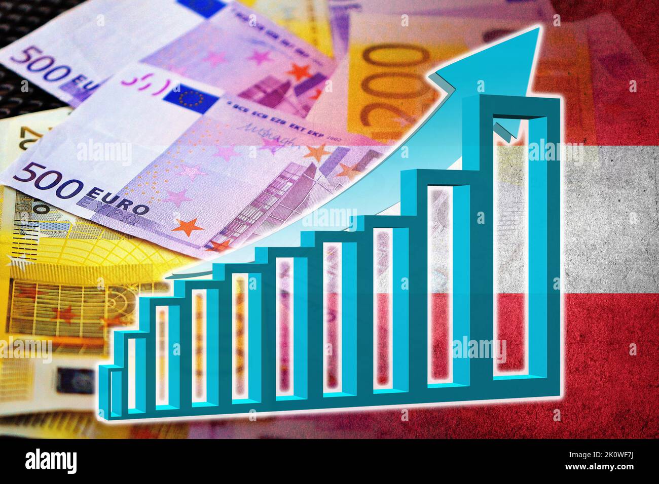 Grafico dell'economia: Freccia in aumento, banconote in euro in contanti e bandiera dell'Austria (moneta, Economia, Affari, Finanza, crisi) Foto Stock