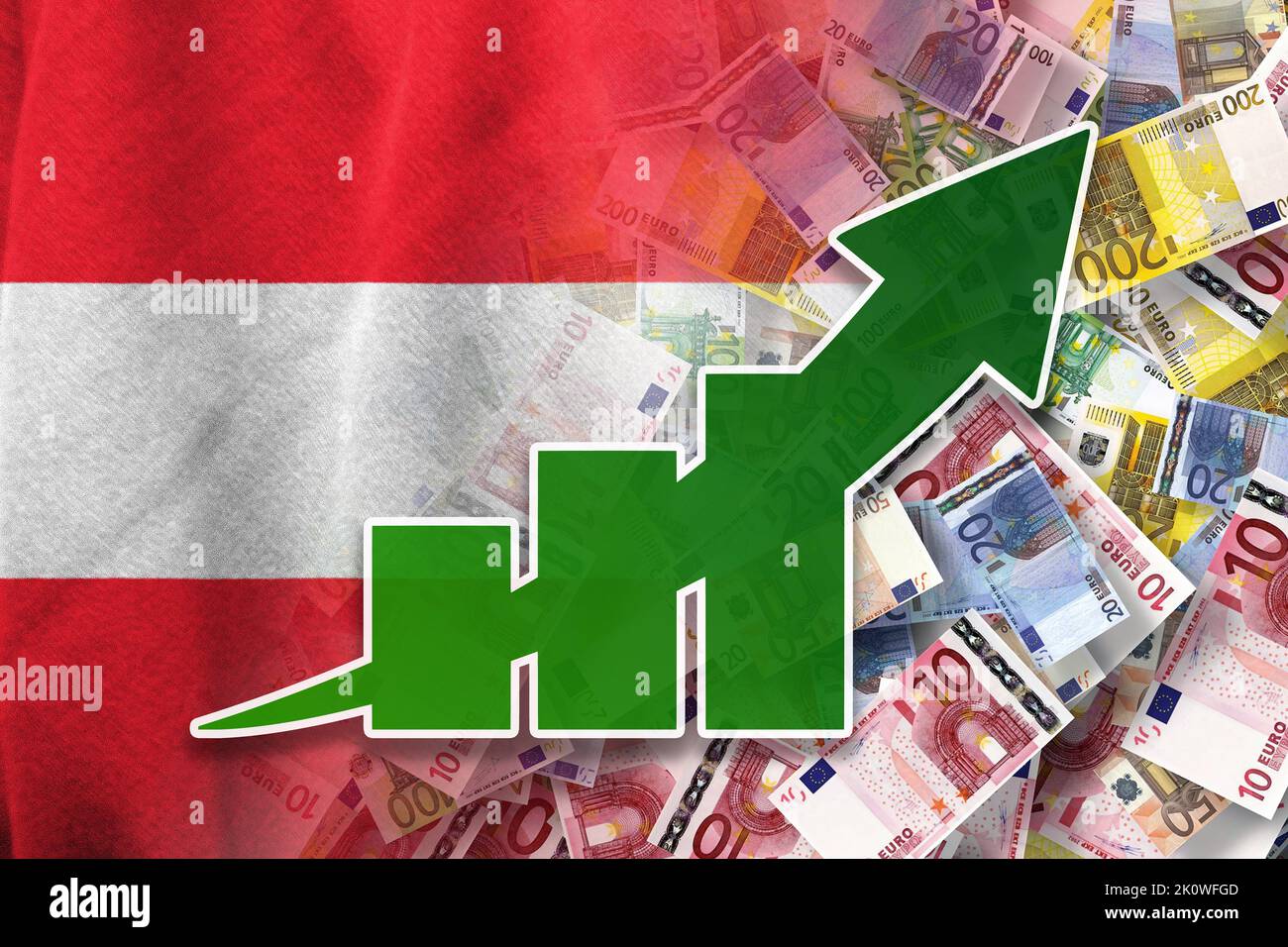 Grafico dell'economia: Freccia in aumento, banconote in euro in contanti e bandiera dell'Austria (moneta, Economia, Affari, Finanza, crisi) Foto Stock