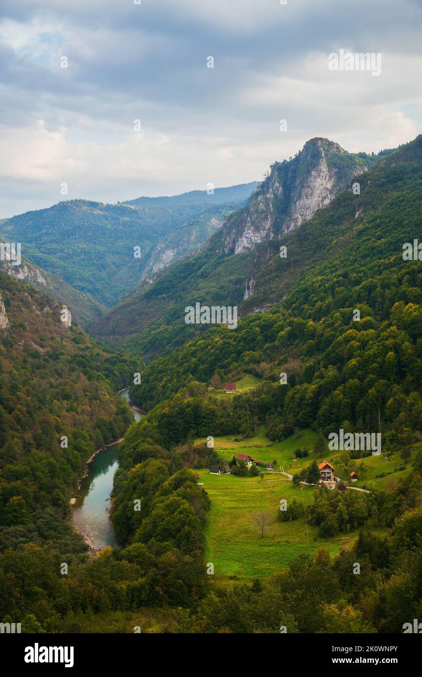 Vista del fiume Tara dal Ponte dell'arco Djurdjevic, paesaggi montani del Montenegro Foto Stock