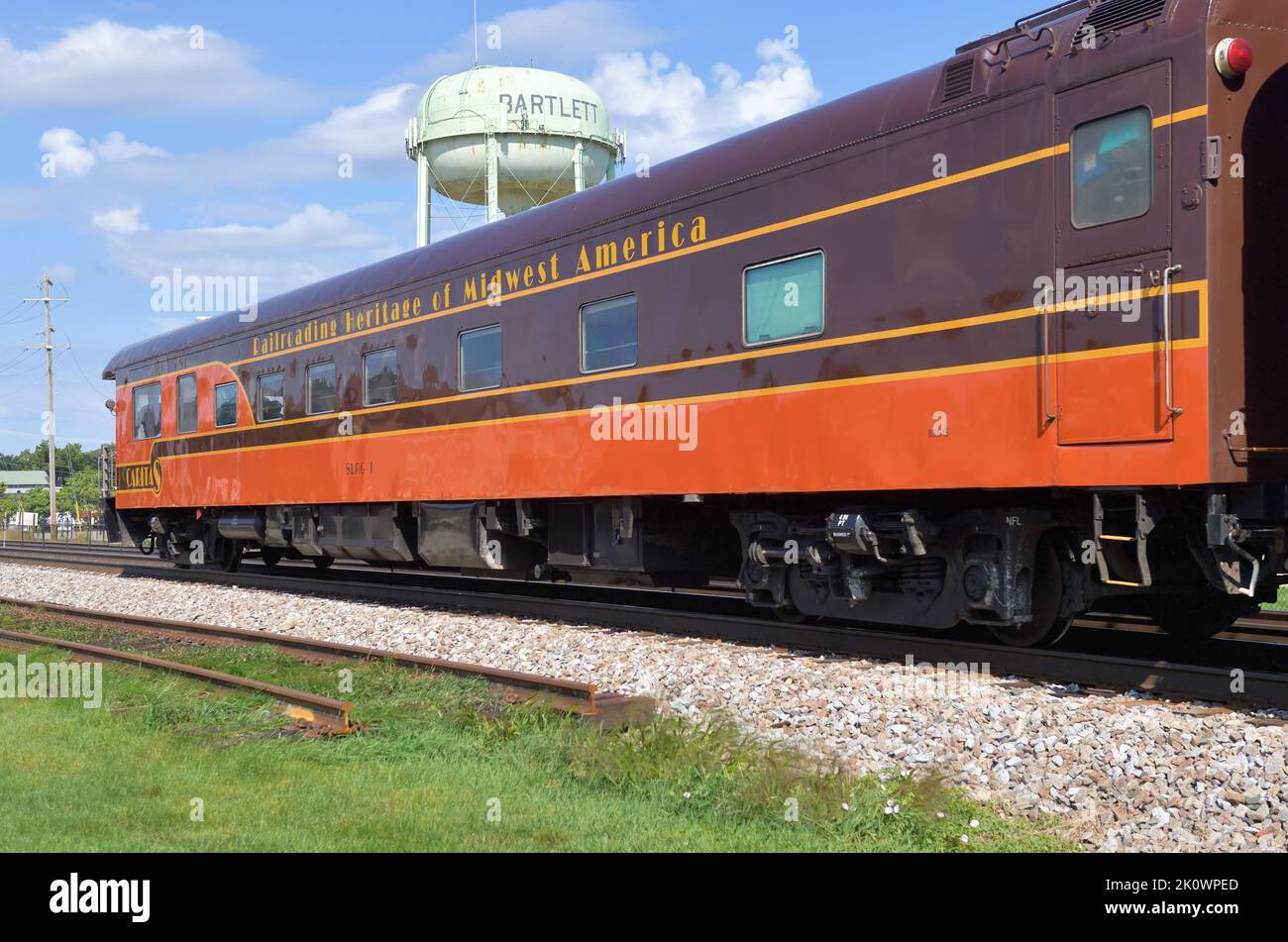 Autovetture che compongono il treno speciale dell'American Association of Private Railcar Owners (APRCO) gestito da Metra. Foto Stock