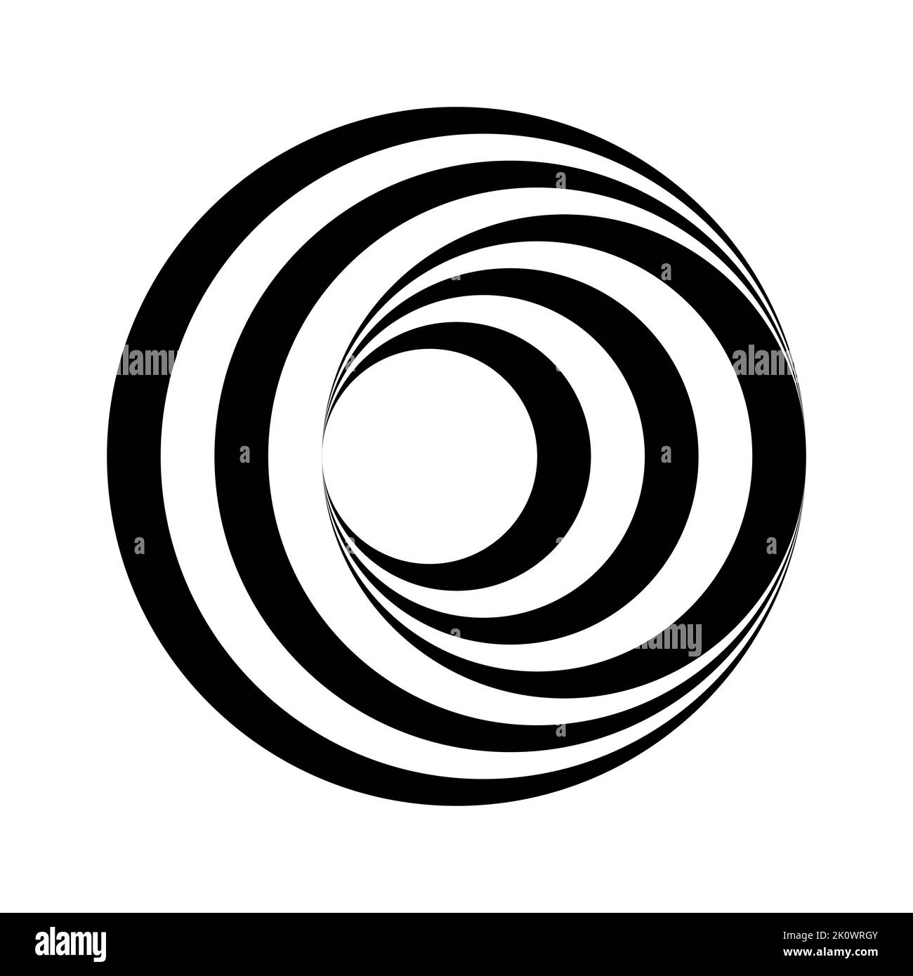 Cerchio op art. Le strisce bianche e nere fanno illusione ottica. Effetto rotazione vortice. Trick visivo del tunnel sferico. Oggetto rotondo simmetrico. Vettore Illustrazione Vettoriale