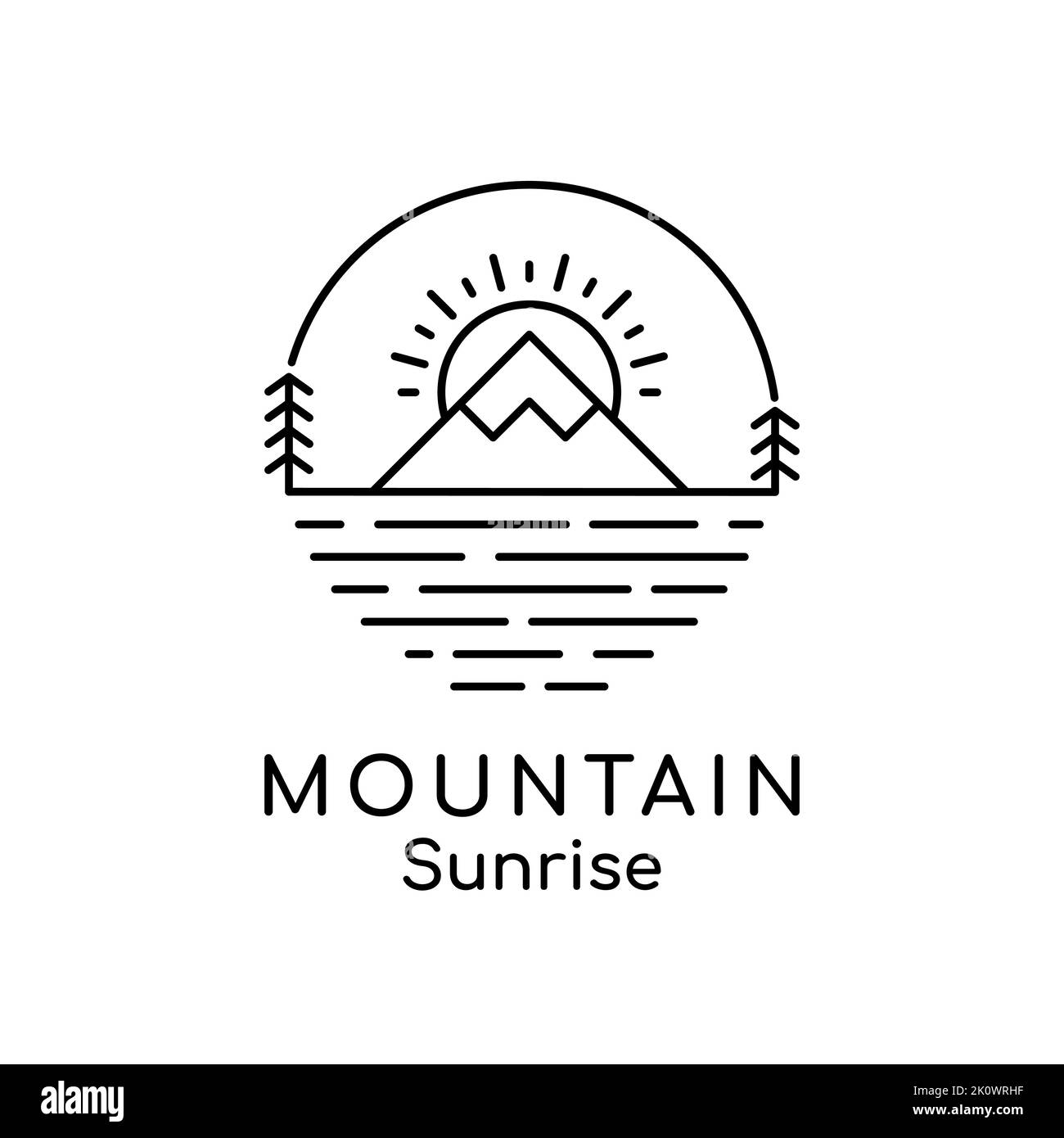 Logo artistico Mountain Sunrise Line. Emblema lineare di montagna con sole, lago e pini. Simbolo di forma circolare all'aperto. Viaggio, avventura, natura Vector Illustrazione Vettoriale