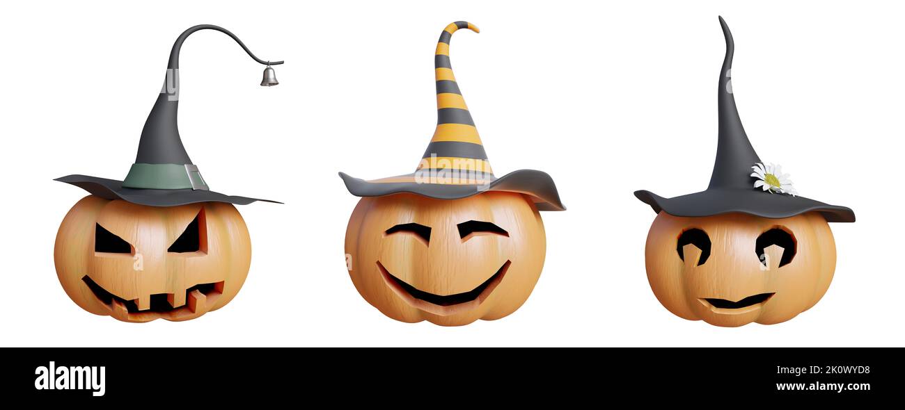 Set di tre carine zucche di Halloween isolato su bianco. Immagine 3D Foto Stock