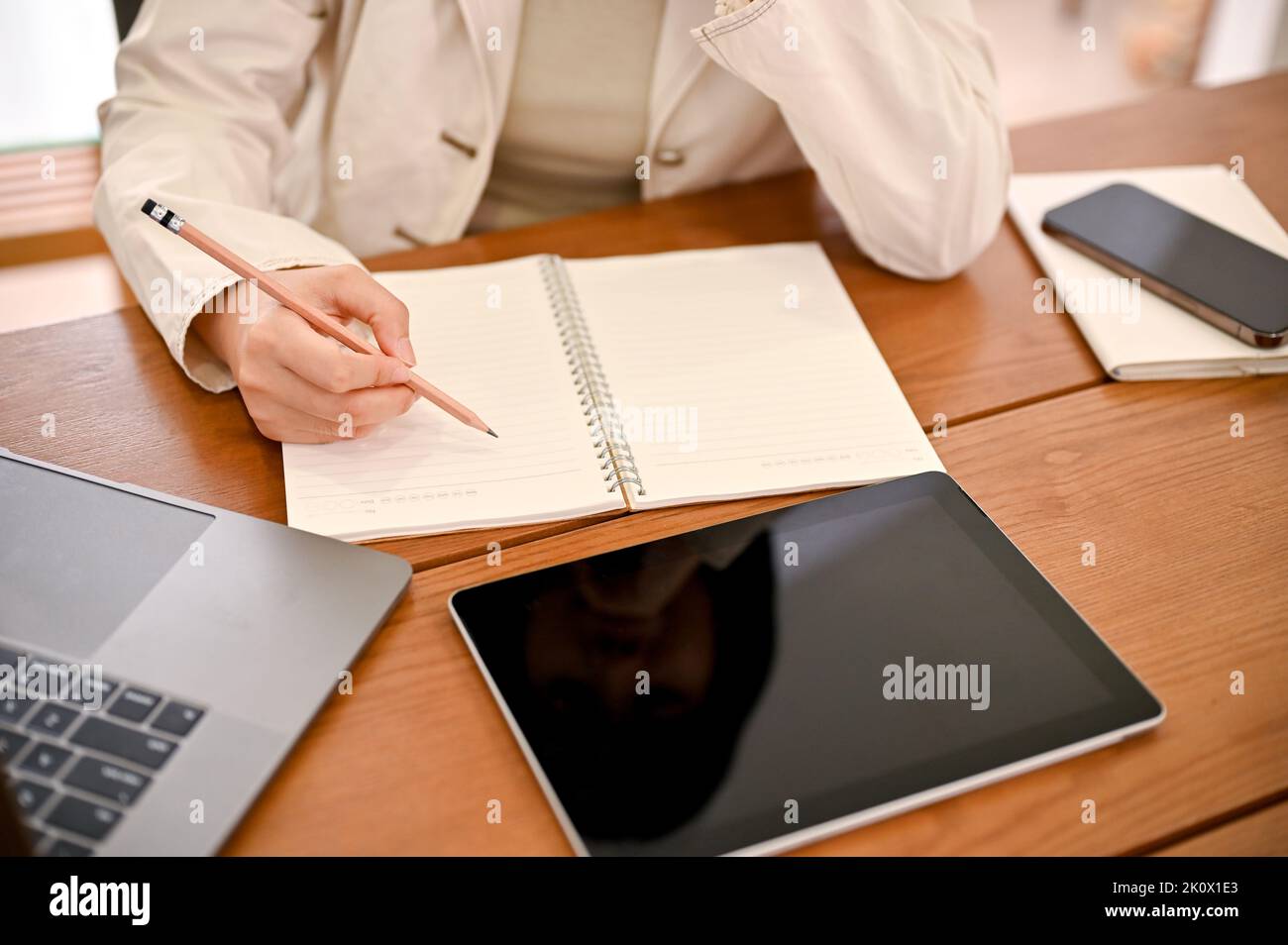 Immagine ritagliata, Una donna d'affari o una dipendente di un ufficio che elenca la sua lista di lavoro su un notebook. Foto Stock
