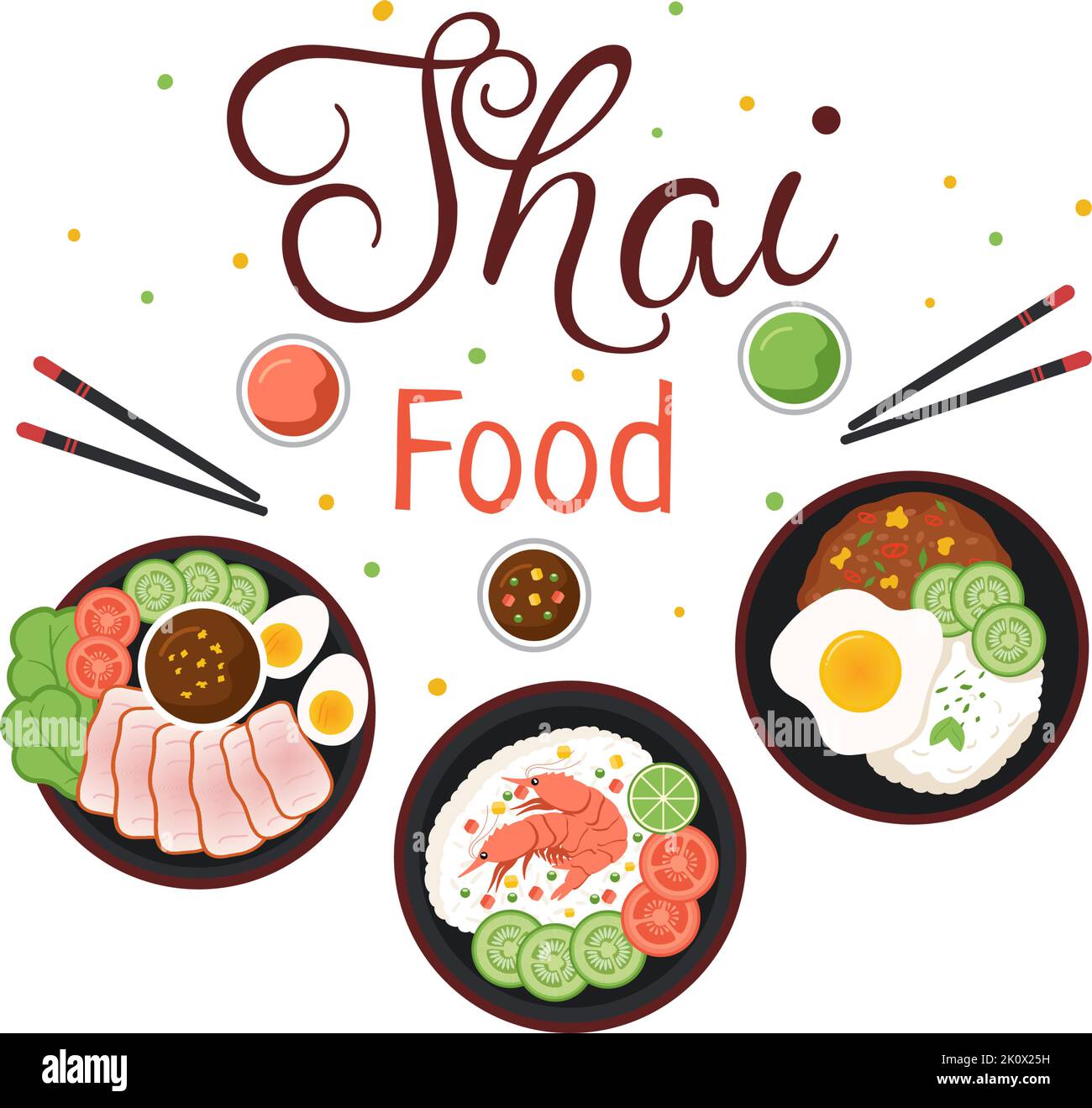 Tradizionale Thailand Food Template Cartoon Hand Drawed Illustrazione varie di cucina tailandese Design Illustrazione Vettoriale
