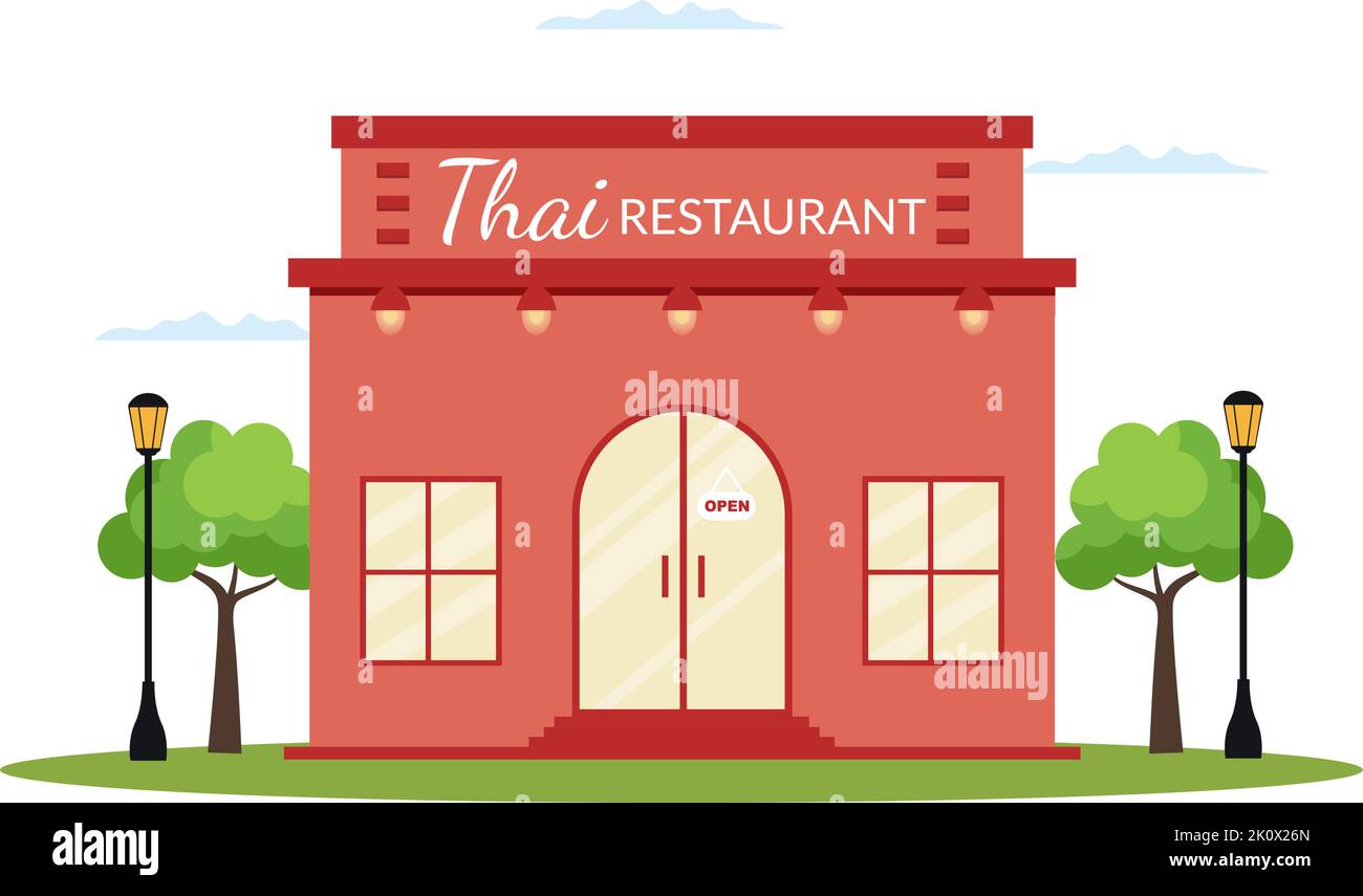 Tradizionale Thai Food Restaurant o Cafe Building Template disegnata a mano Cartoon Flat Illustrazione Illustrazione Vettoriale