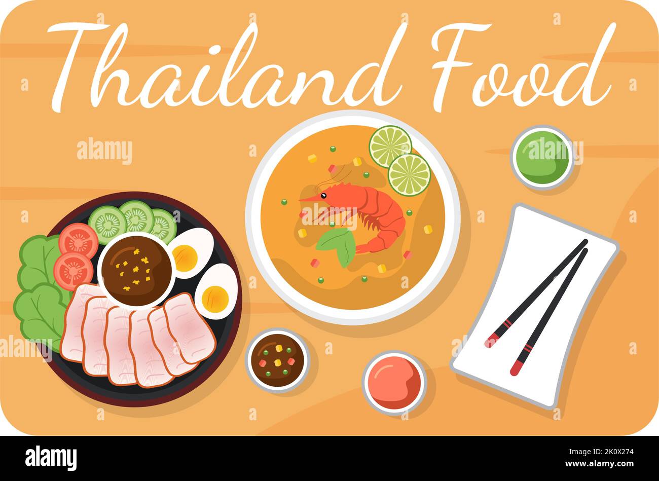 Tradizionale Thailand Food Template Cartoon Hand Drawed Illustrazione varie di cucina tailandese Design Illustrazione Vettoriale