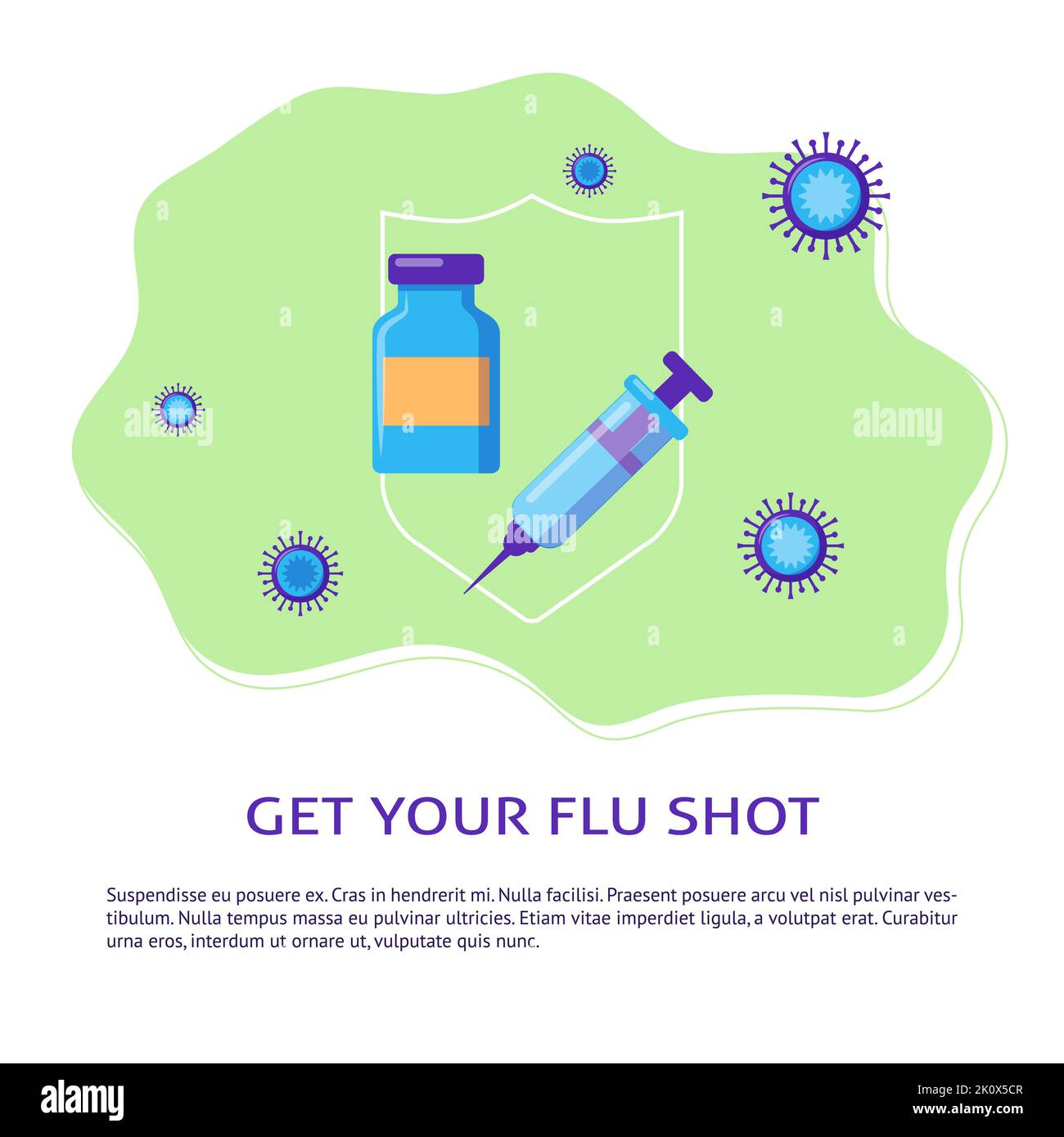 Banner per il colpo d'influenza con posto per il testo. Simbolo di iniezione della siringa, concetto di vaccinazione. Illustrazione vettoriale. Illustrazione Vettoriale