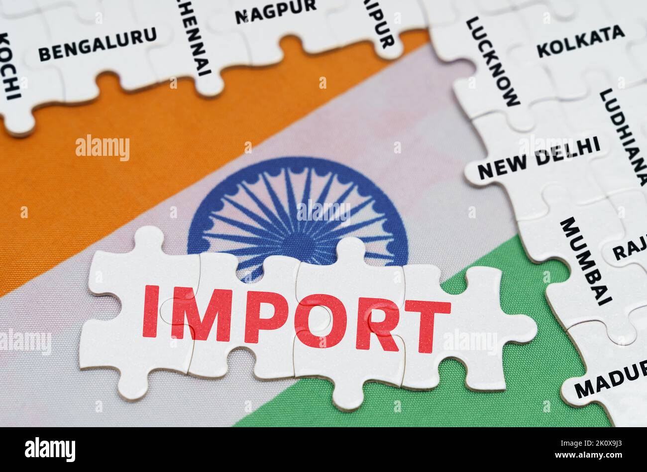 Concetto nazionale. Sulla bandiera dell'India - puzzle con i nomi delle città e puzzle con l'iscrizione - importazione Foto Stock