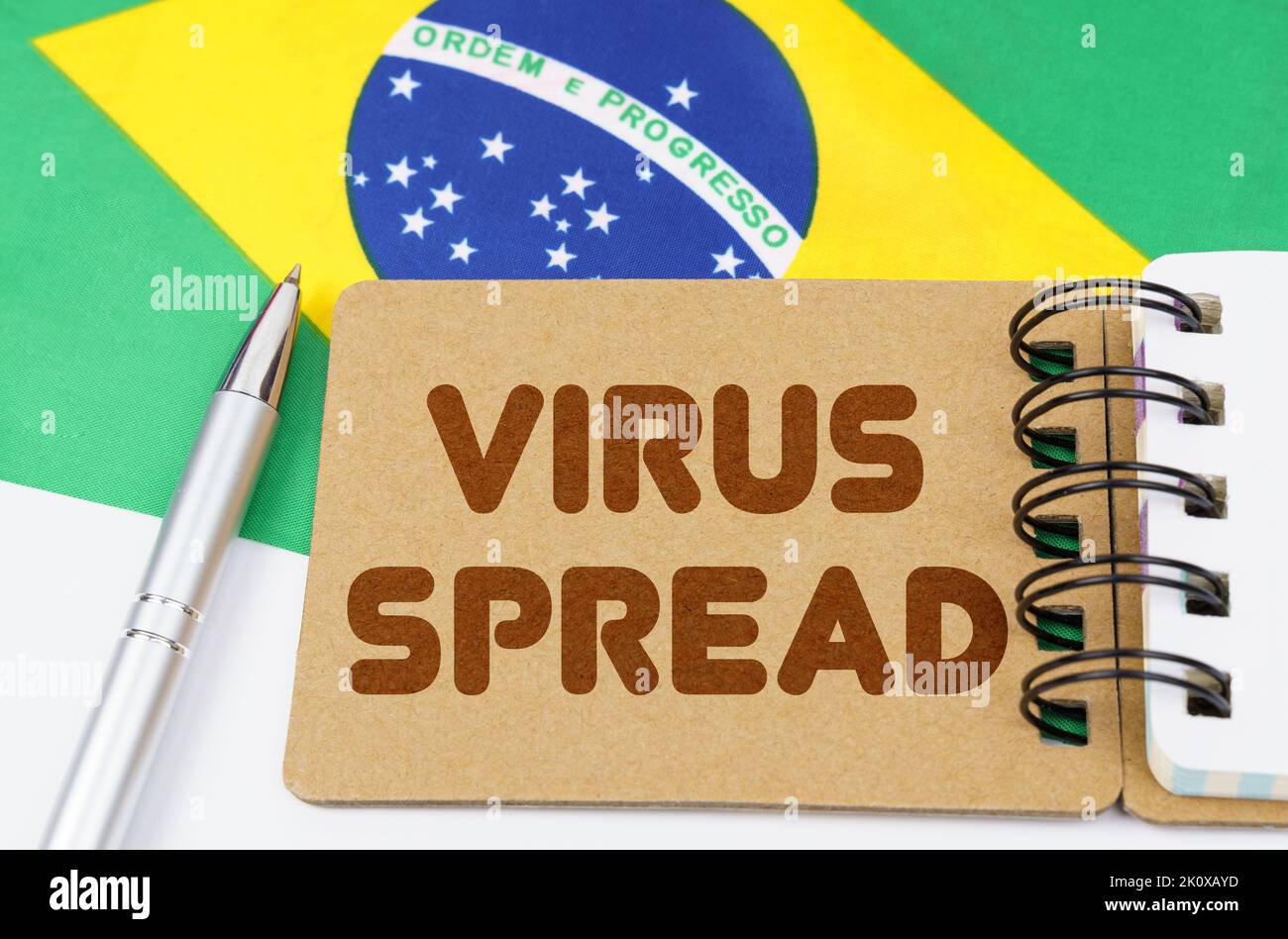 Concetto di medicina nazionale. Sulla bandiera del Brasile si trova un notebook con l'iscrizione - DIFFUSIONE DEL VIRUS Foto Stock