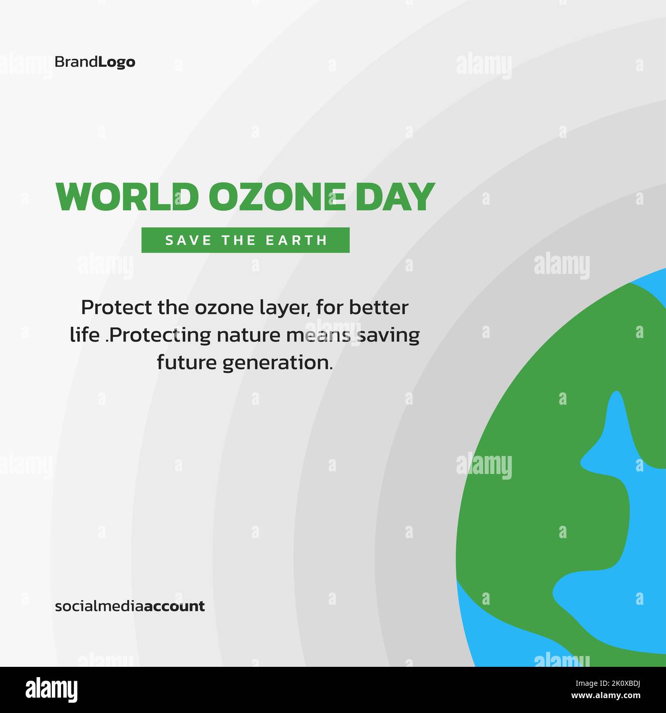 Modello di poster sui social media per la protezione dello strato di ozono. Progettazione di poster di terra. Formati vettoriali. Illustrazione Vettoriale