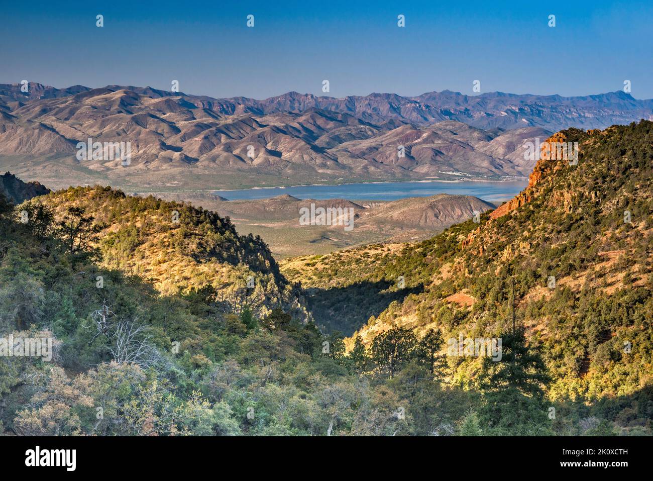 Lago Theodore Roosevelt, Montagne Mazatzal in lontananza, vista dalla AZ-288 (Globe-Young Highway), alba, Sierra Ancha, Tonto Natl Forest, Arizona USA Foto Stock