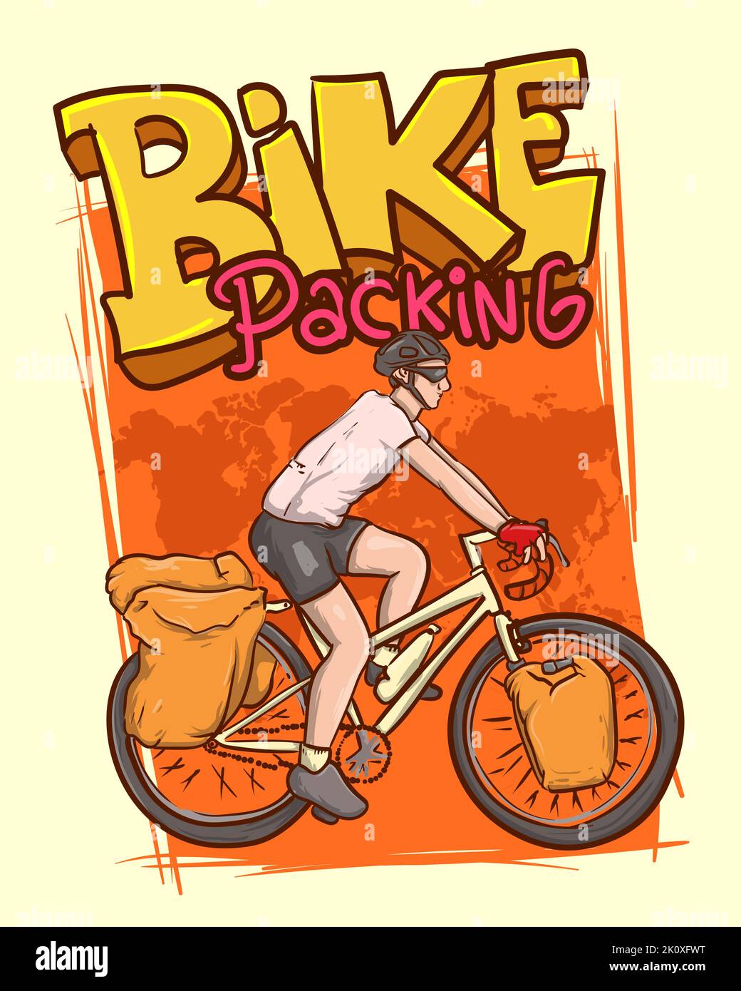 bike-packing. bike-touring con portapacchi panier by world map vettoriale exillustration Illustrazione Vettoriale
