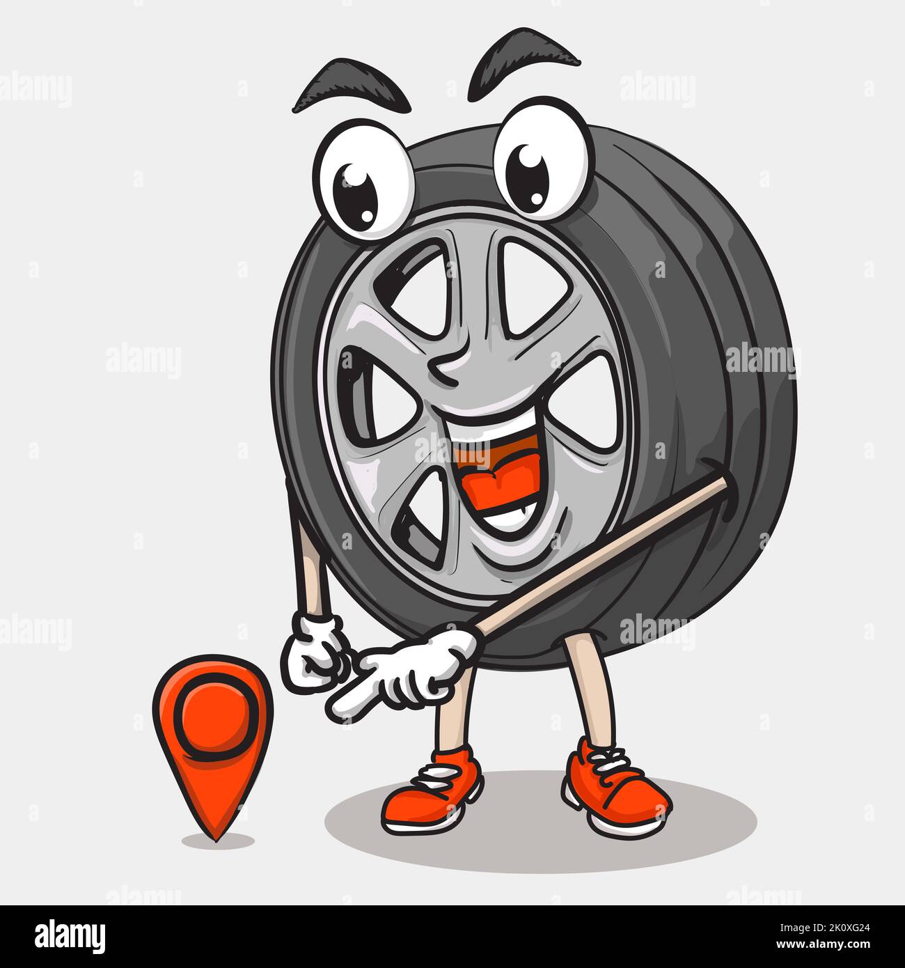 sorriso volto pneumatico carattere puntando posizione. funky pneumatico mascotte icona illustrazione Illustrazione Vettoriale