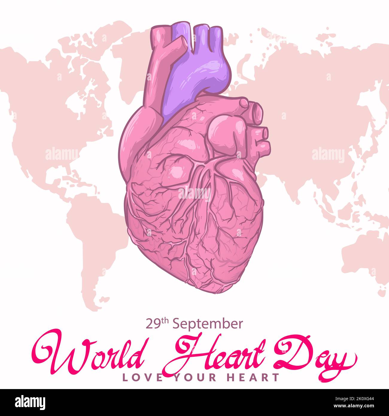concetto di giornata del cuore del mondo. organo del cuore disegnato a mano con mappa dietro. illustrazione vettoriale Illustrazione Vettoriale