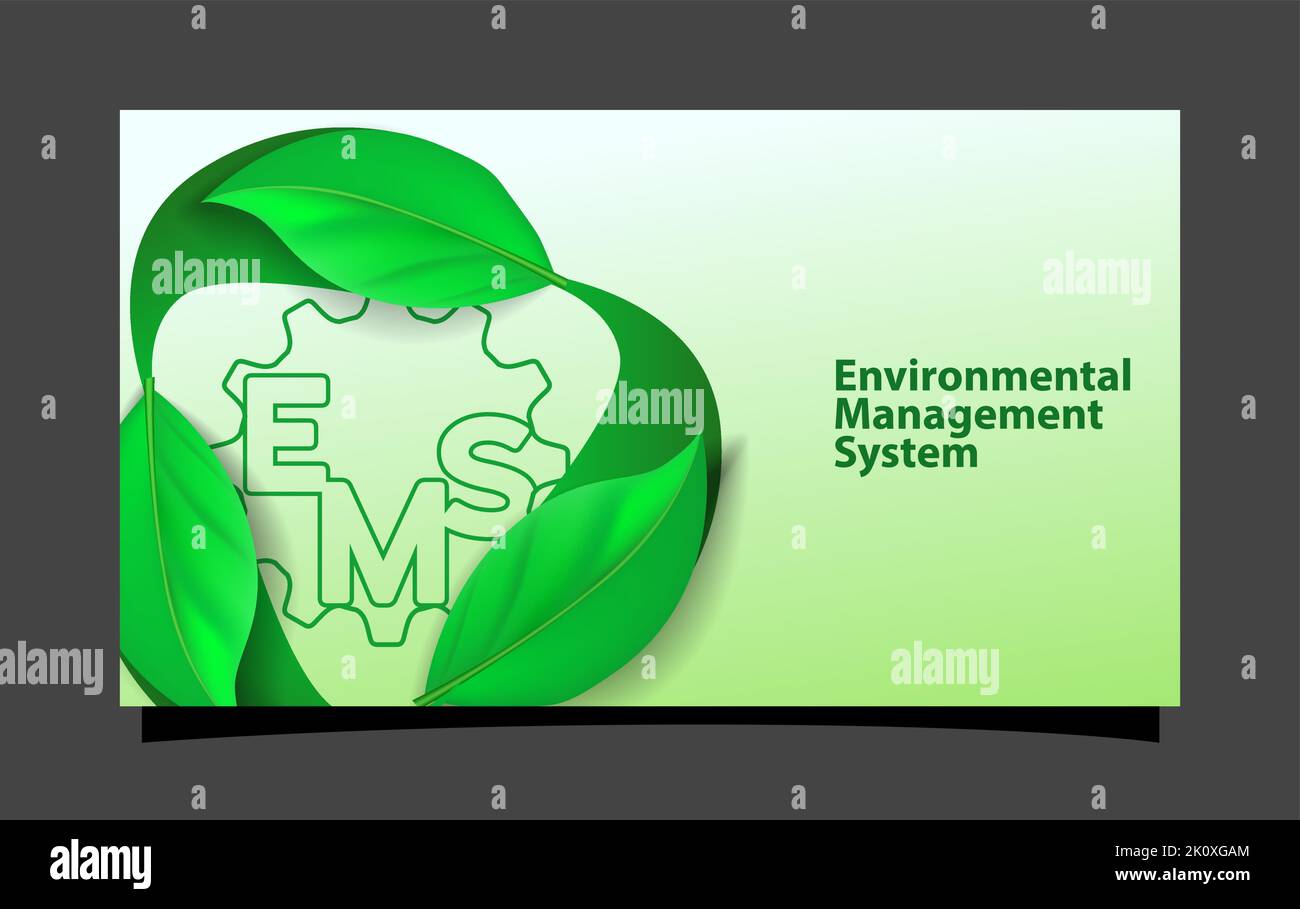 Concetto di sistema di gestione ambientale EMS. Ciclo di foglie e ingranaggi. pagina web, poster e illustrazione vettoriale di presentazione Illustrazione Vettoriale