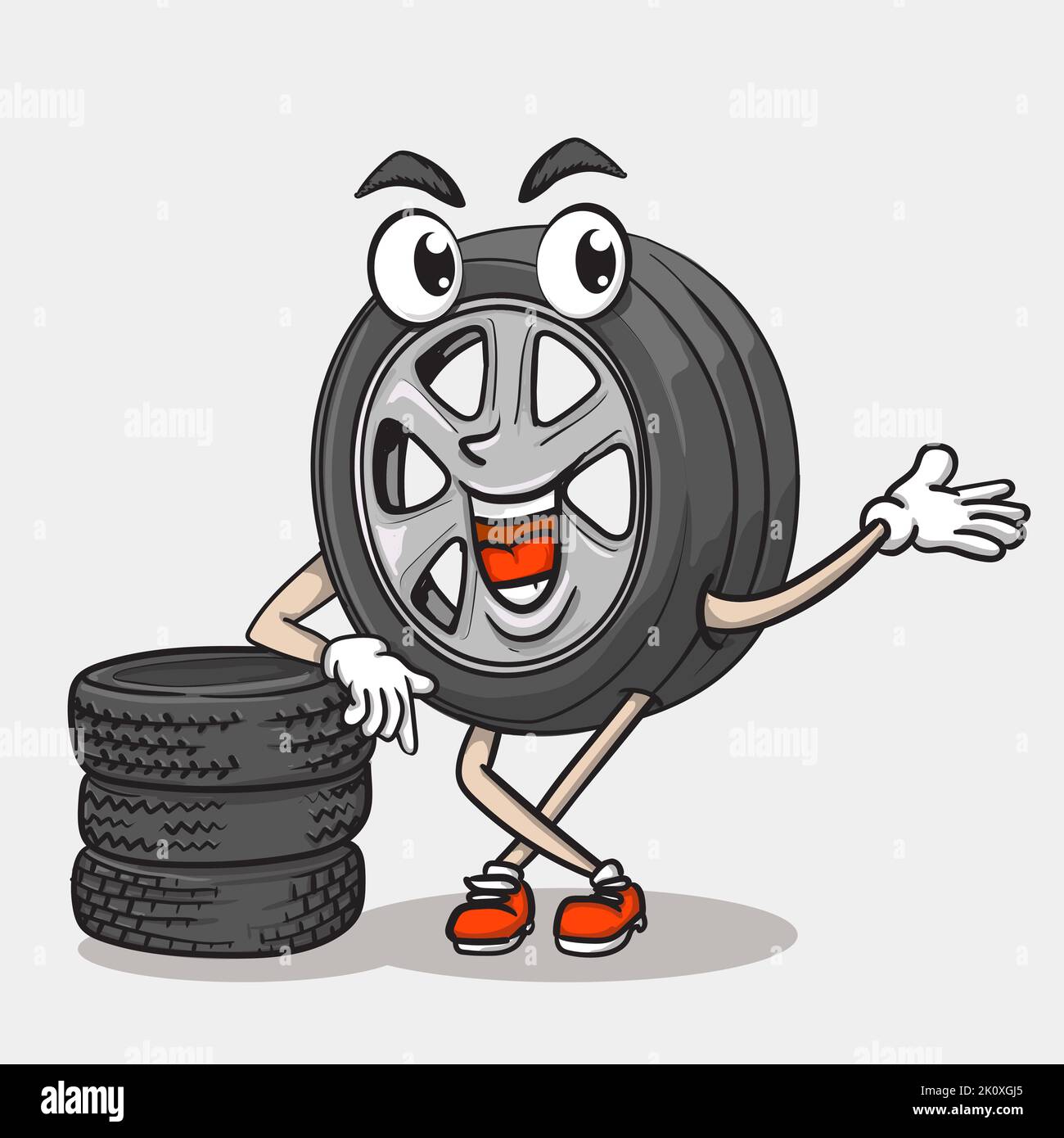 sorriso volto pneumatico personaggio in piedi nella pila di pneumatici anteriori. funky pneumatico mascotte icona illustrazione Illustrazione Vettoriale