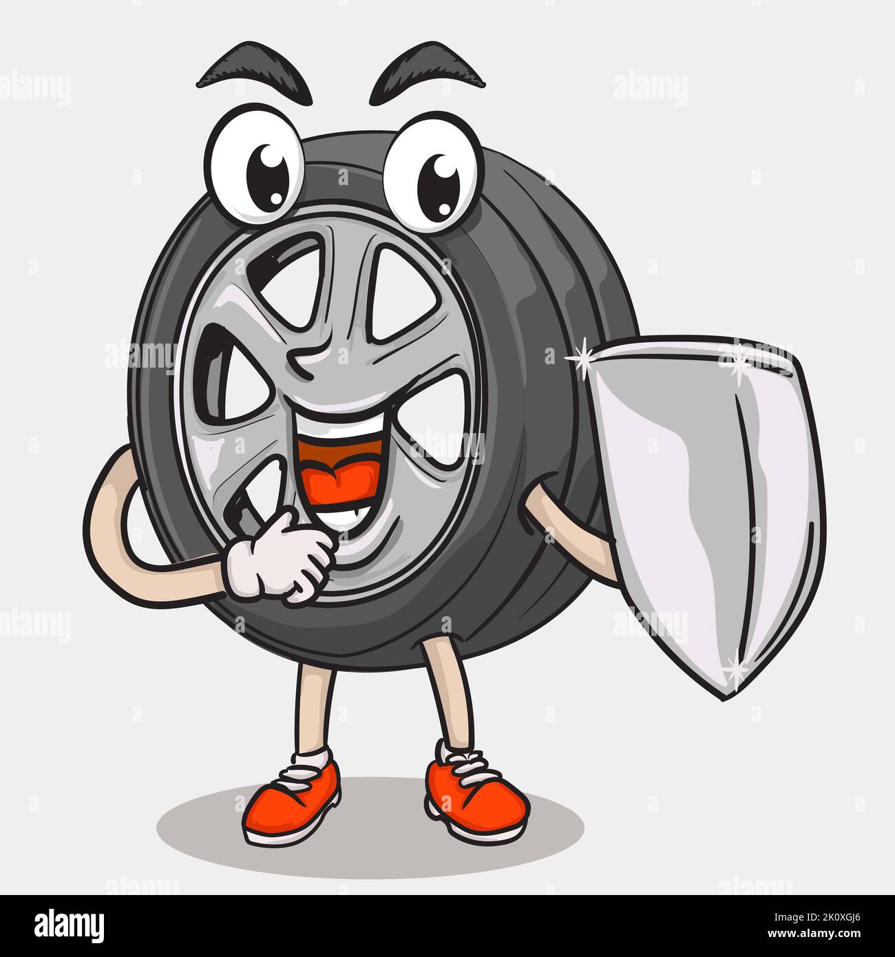 sorridere faccia pneumatico carattere scudo di tenuta per la protezione pneumatico. pneumatico funky mascotte icona illustrazione Illustrazione Vettoriale