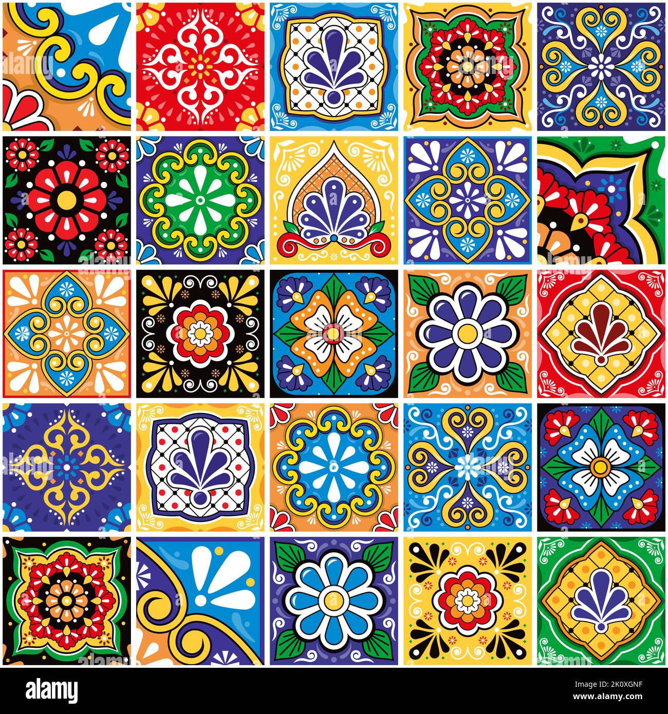 Talavera messicana senza cuciture vettore piastrelle grande collezione modello, retrò colofilo design set perfetto per sfondi, arredamento per la casa, tessuti o stampe in tessuto Illustrazione Vettoriale