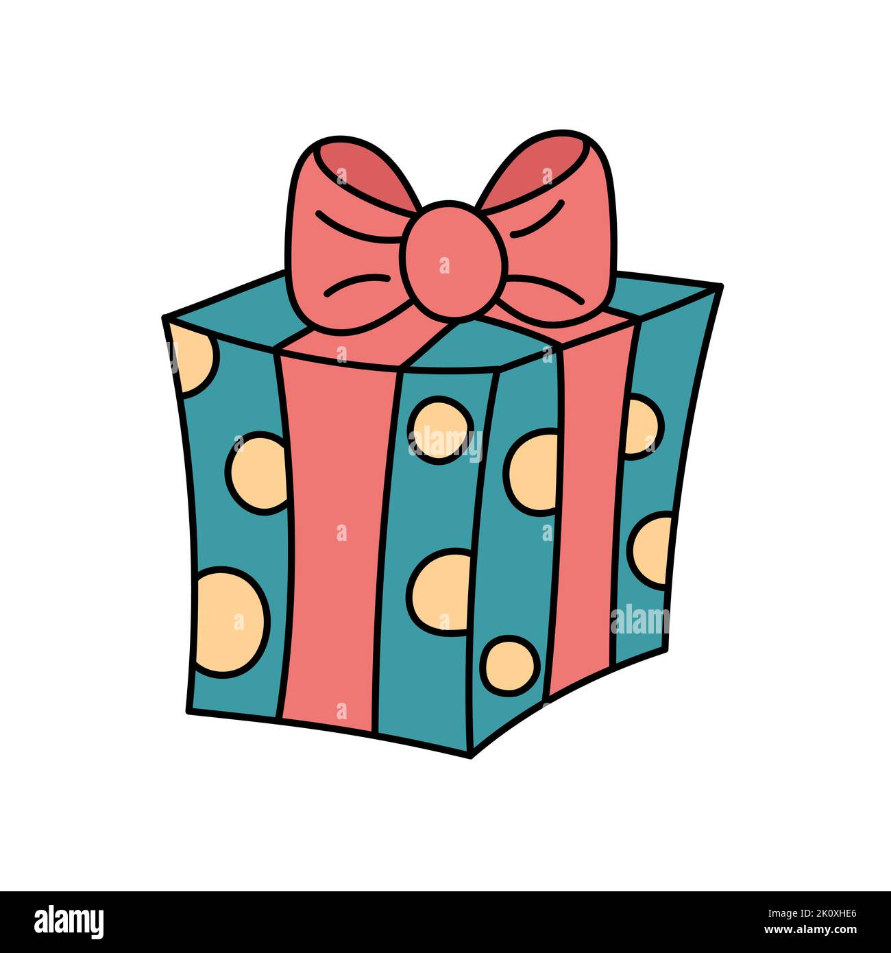 Scatola regalo doodle isolato. Illustrazione vettoriale del simpatico cartoon colorato giftbox su sfondo bianco. Presenta l'elemento di progettazione disegnato a mano per CHRI Illustrazione Vettoriale