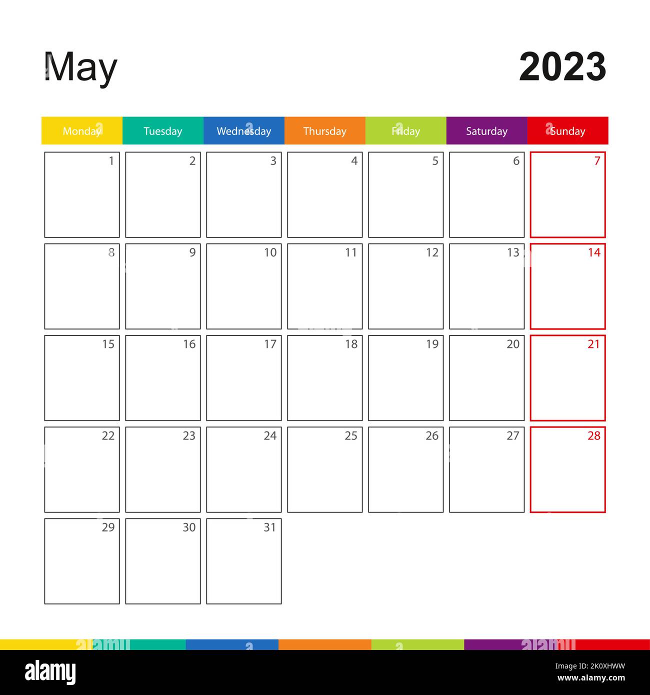 2023 maggio colorato calendario da parete, la settimana inizia il Lunedi. 2023 modello Calendario. Illustrazione Vettoriale