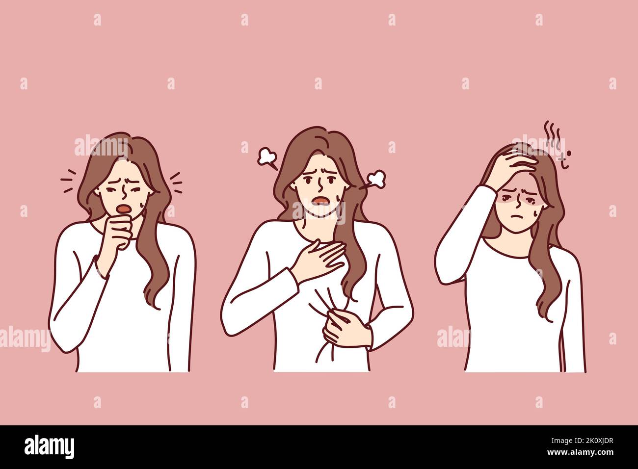 Donna malsana soffre di sintomi di covid-19. Malessere lotta ragazza da coronavirus hanno tosse e respiro corto. Illustrazione vettoriale. Illustrazione Vettoriale