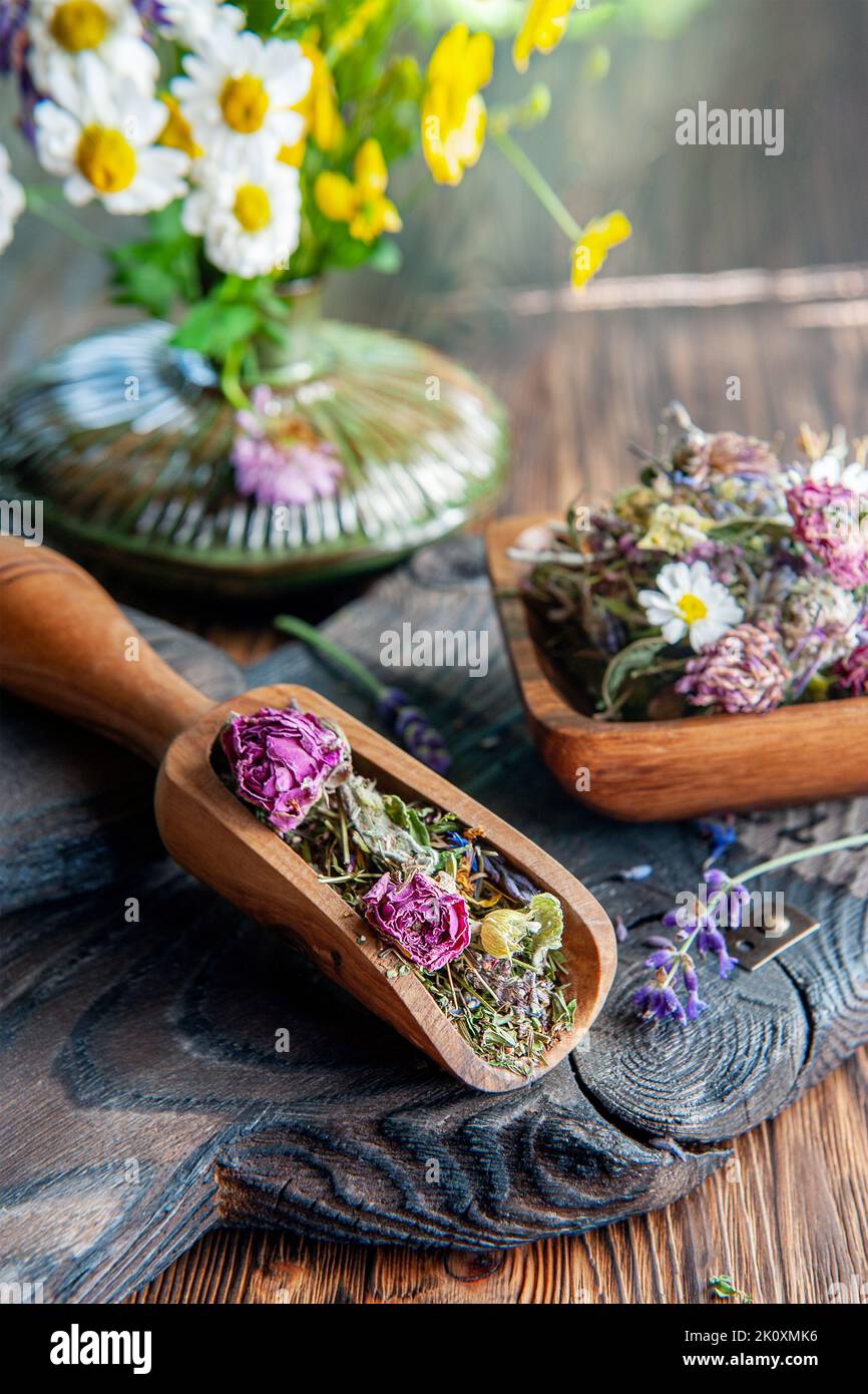 tè alle erbe in una scatola di legno per le sostanze sfuse. Mattina vita ferma con un bel colore contrastante. Foto Stock
