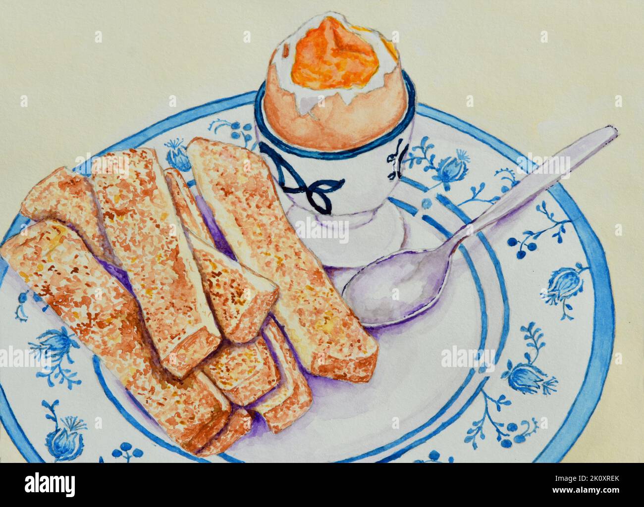 Pittura di morbido bollito in uovo in tazza di uovo su piatto con pane tostato Foto Stock