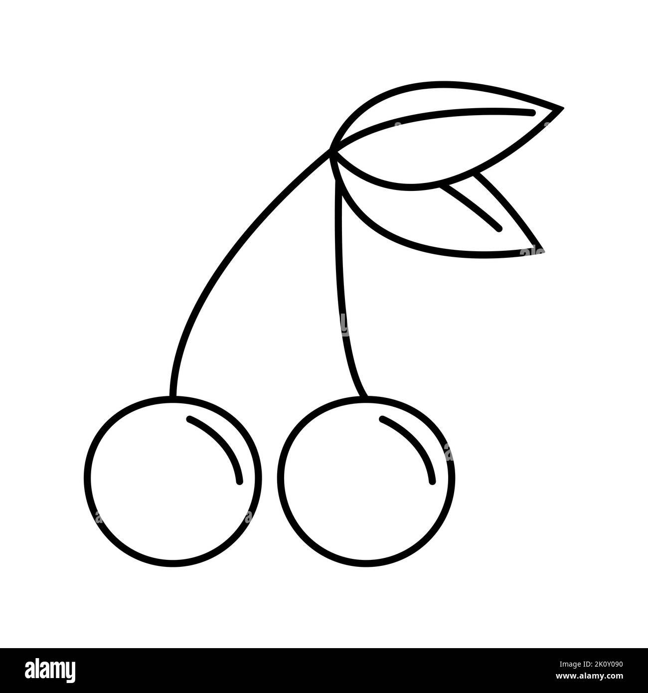 Cherry su ramo con icona linea foglie illustrazione vettore isolato Illustrazione Vettoriale