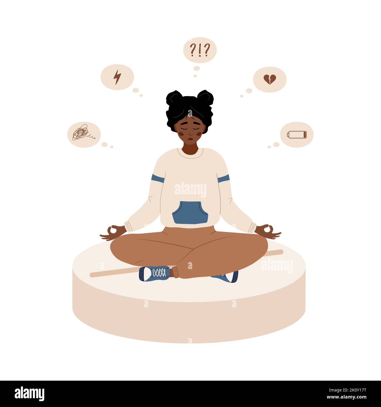 Triste ragazza africana è seduta su una grande pillola. Farmaci contro la depressione. Donna infelice ha bisogno di aiuto medico. Concetto di malattia psicologica. Illustrazione vettoriale nella Illustrazione Vettoriale