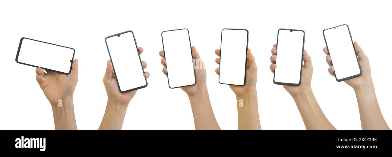 Collezione di mani maschili che tengono lo smartphone mobile con schermo bianco isolato su sfondo bianco include il percorso di ritaglio. Foto Stock