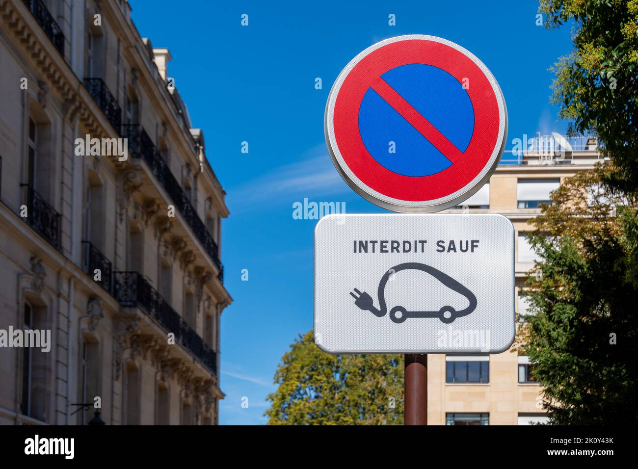 Nessun segnale di parcheggio per veicoli non elettrici, posto auto riservato per auto elettriche su una strada a Parigi, Francia Foto Stock