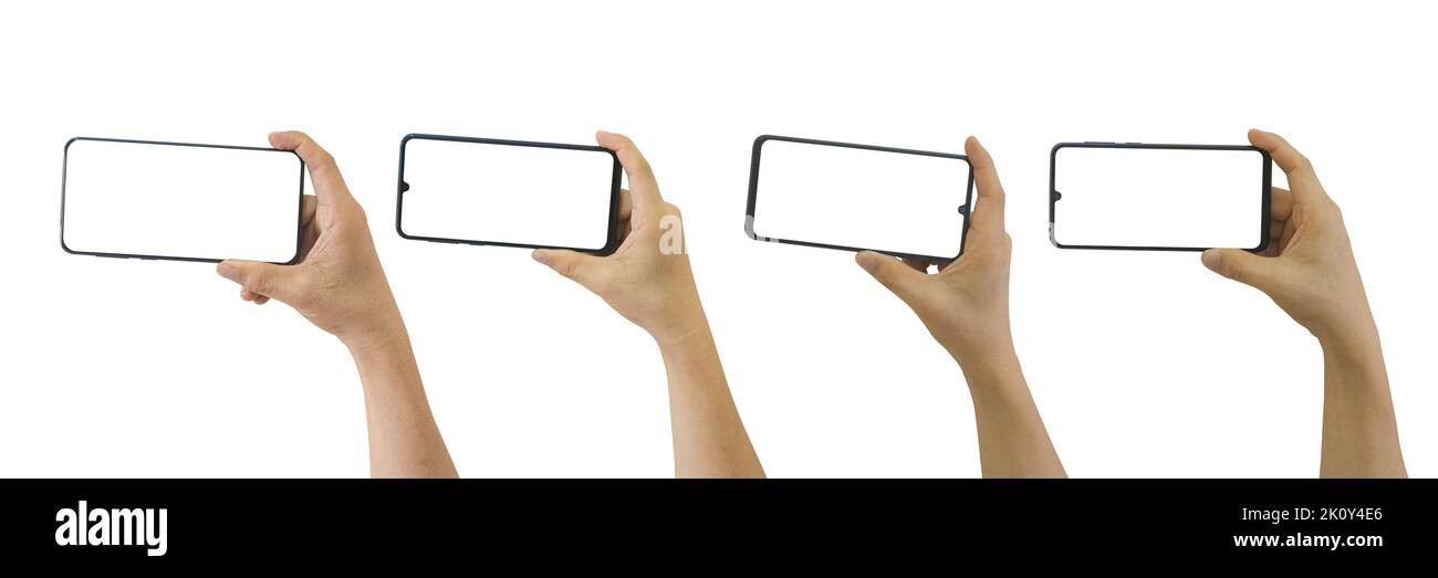 Set di mani uomo che tiene lo smartphone con schermo vuoto, isolato su sfondo bianco incluso il percorso di ritaglio. Foto Stock