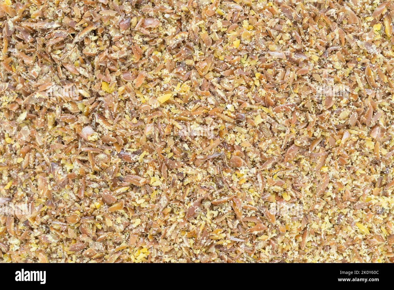 Vista molto ravvicinata del pasto di semi di lino biologici appena macinati. Foto Stock