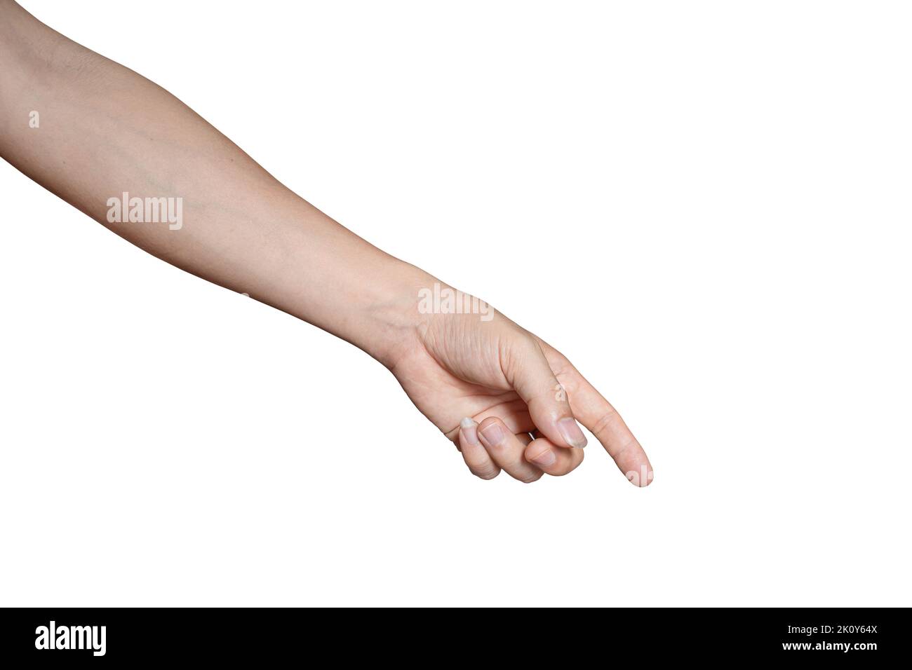 La mano dell'uomo che tocca o punta a qualcosa isolato su sfondo bianco includeva il tracciato di ritaglio. Foto Stock