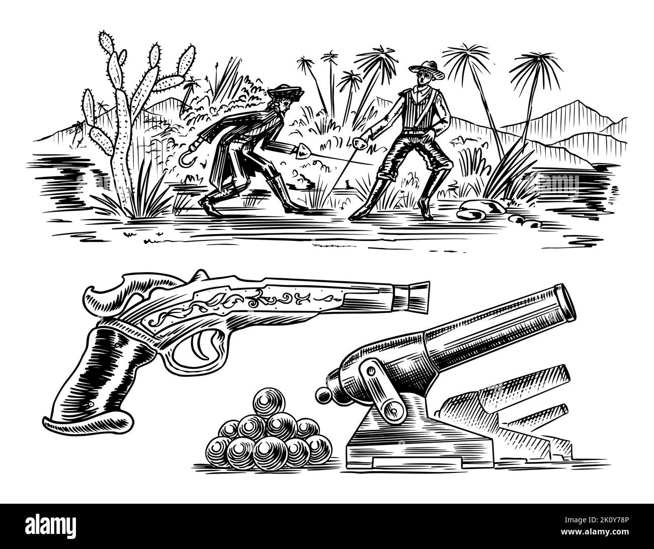 I pirati combattono con le spade sullo sfondo di un paesaggio tropicale. Revolver e cannone. Disegno inciso a mano, vintage per tatuaggio o stampa Illustrazione Vettoriale