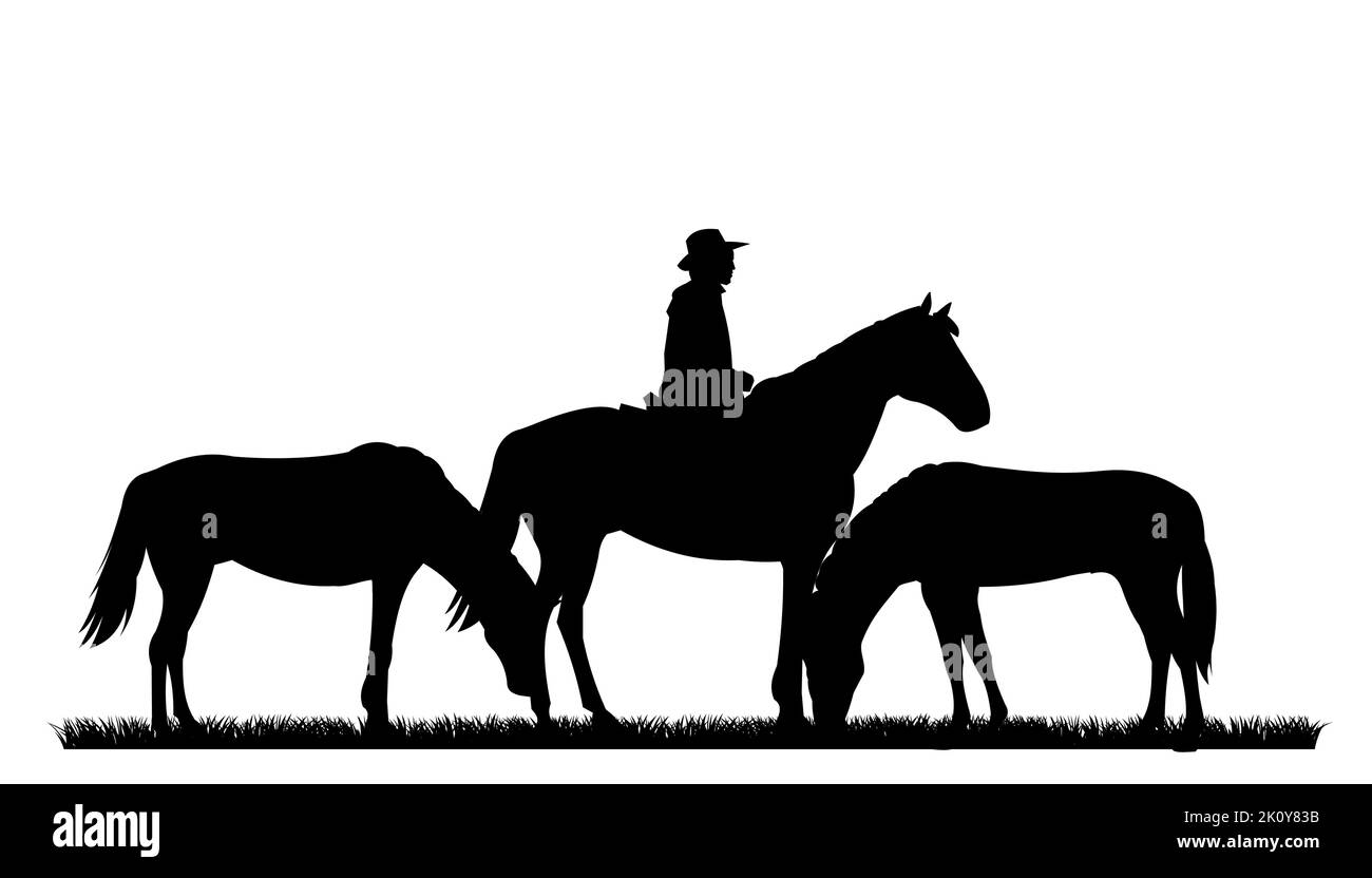 Pastore pascola i cavalli in pascolo. Figura silhouette. Animali da fattoria. Animali domestici tradizionali. Isolato su sfondo bianco. Vettore Illustrazione Vettoriale