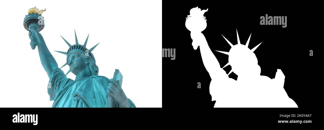 La Statua della libertà, simbolo americano, New York, USA. Isolato su sfondo bianco con maschera di ritaglio Foto Stock