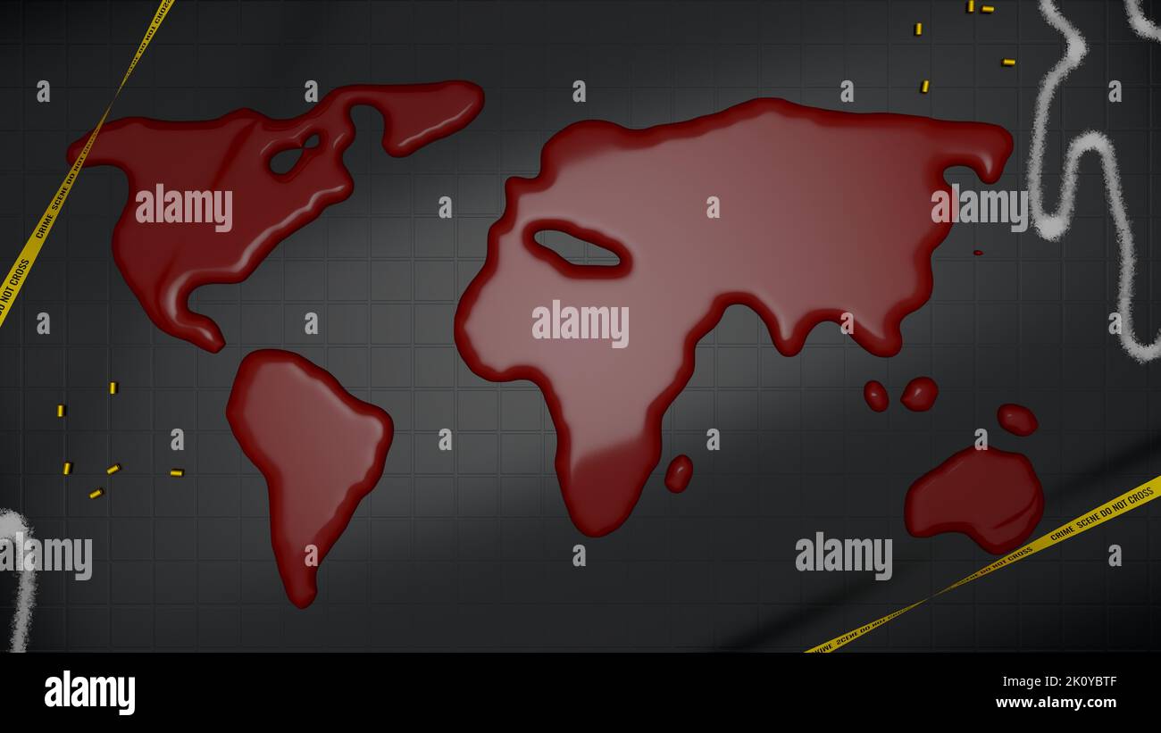 World o Global Map creato da Spilled Blood su una scena criminale. Contorni di gesso e involucro di proiettile nella scena. Rendering 3D. Foto Stock