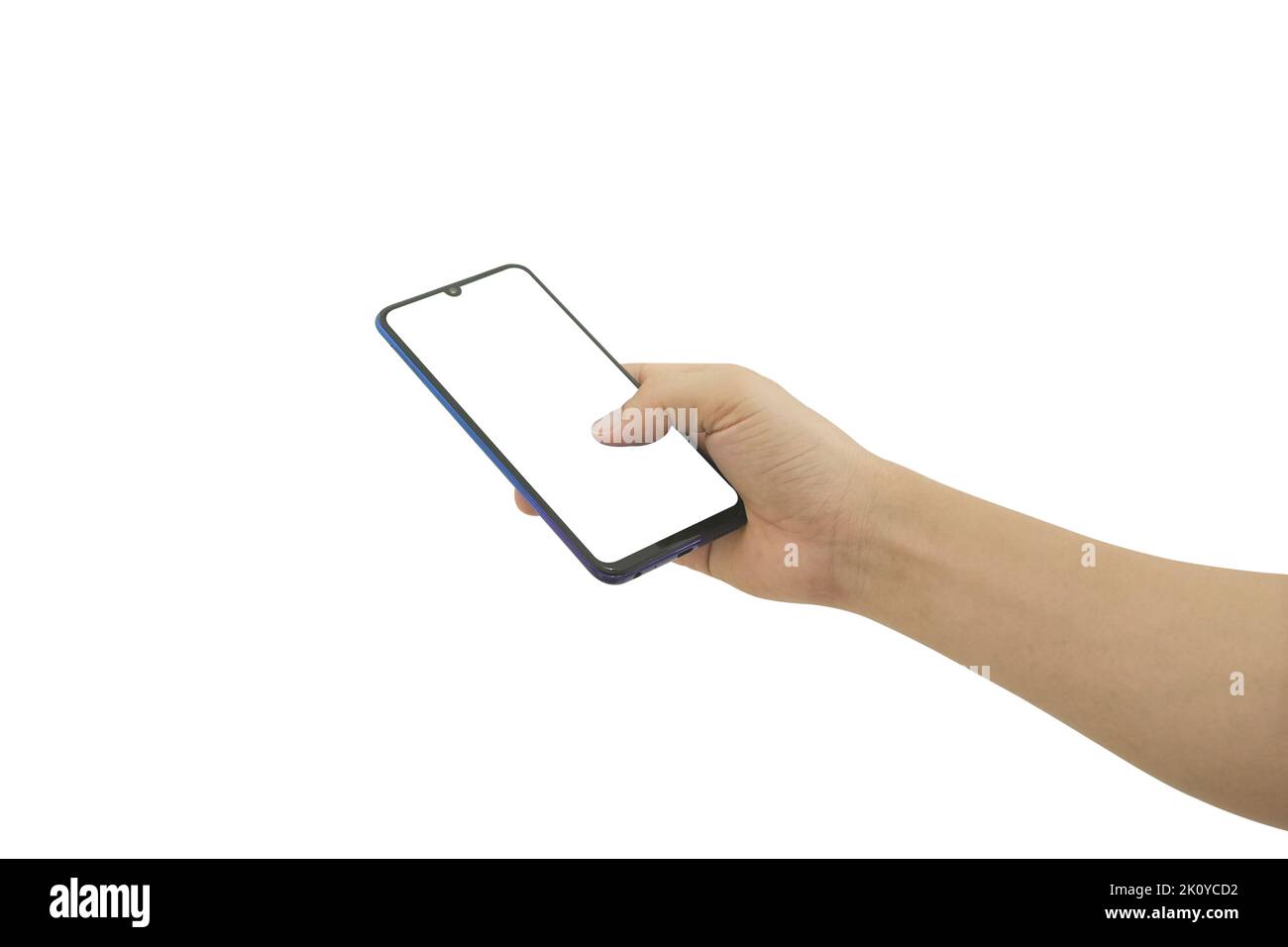Smartphone portatile con mano con schermo bianco isolato su sfondo bianco e percorso di ritaglio incluso. Foto Stock