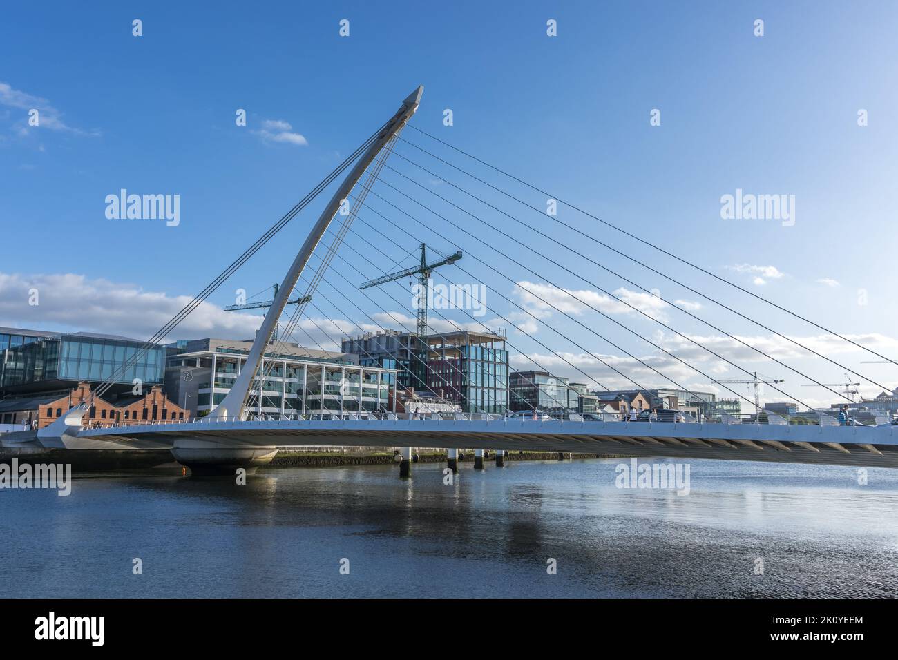Immagine orizzontale della torre e dei cavi del ponte Samuel Beckett nella zona dei Docklands, Dublino, Irlanda. Foto Stock
