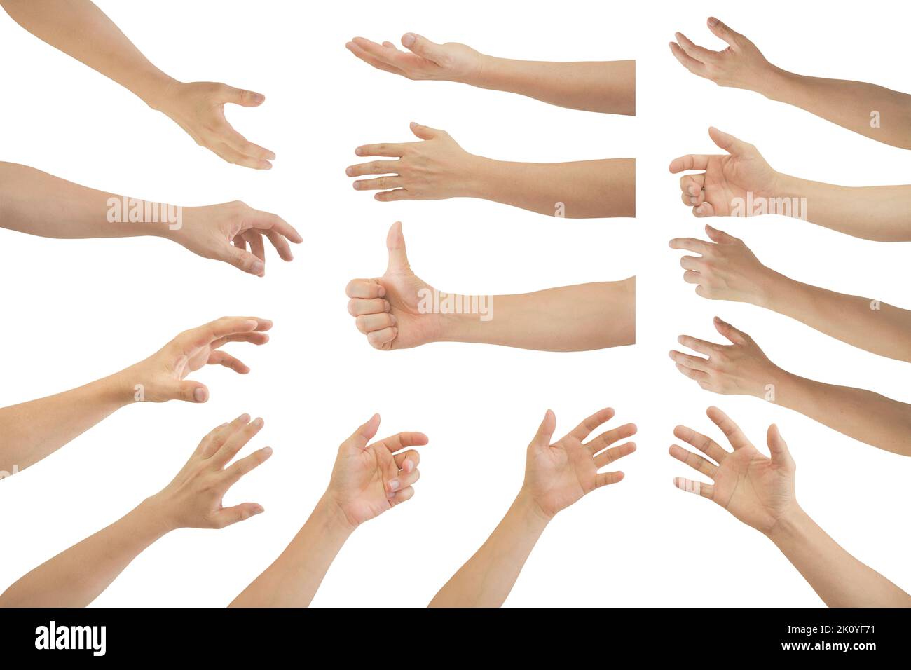 Set di mano del giovane uomo gesturing diverso, isolato su sfondo bianco includono il clipping path. Foto Stock