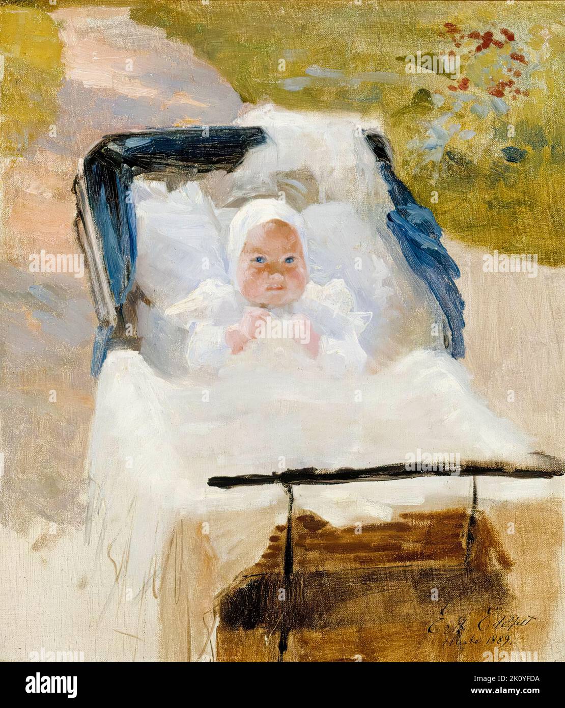 Albert Edelfelt, il Figlio dell’artista Erik in Una PRAM, ritratto dipinto ad olio su tela, 1889 Foto Stock