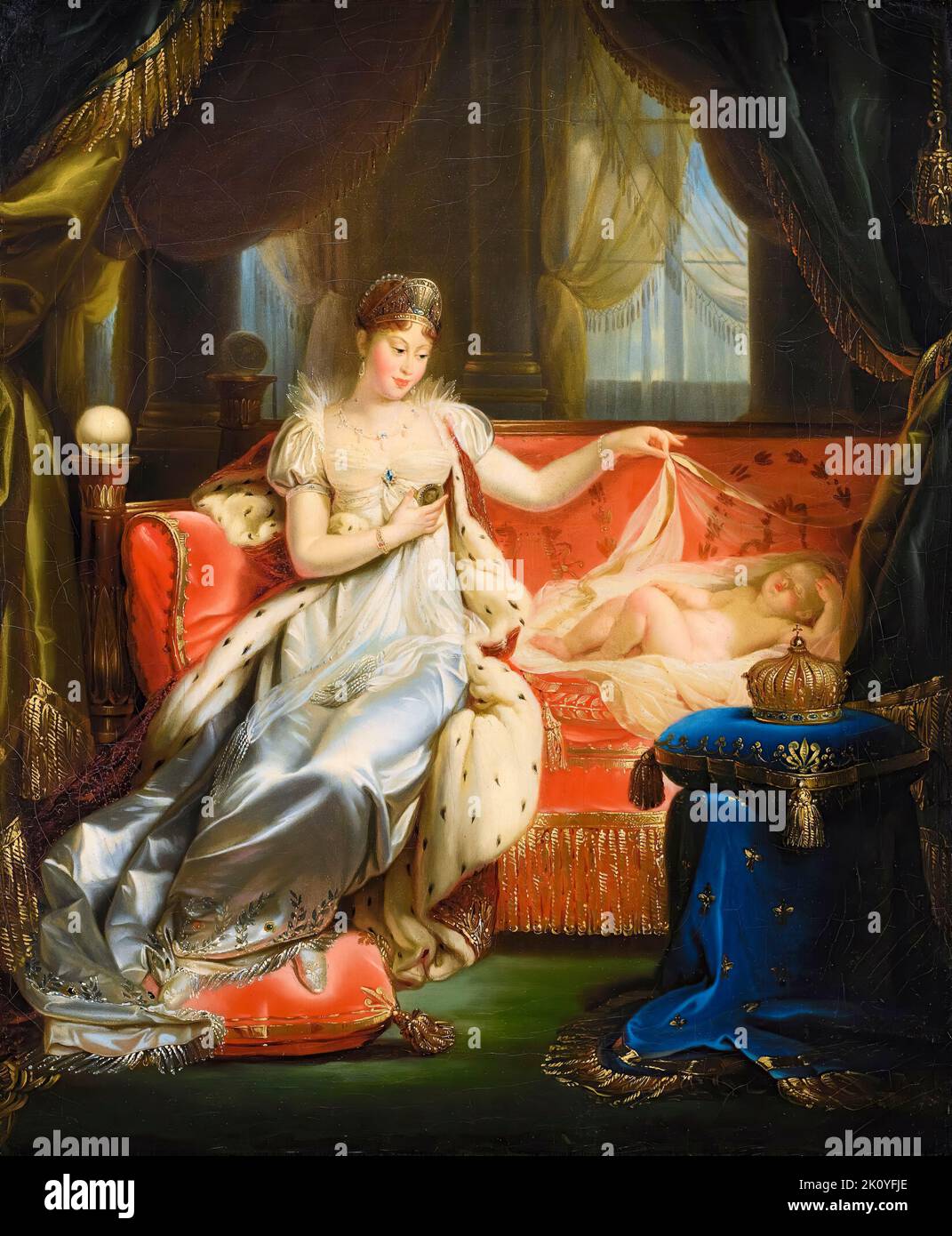 L'imperatrice Marie-Louise d'Austria (1791-1847) che guarda sopra il re dormiente di Roma (Napoleone II (1811-1832)), dipinto a olio su tela di un laboratorio di Giuseppe Franque, circa 1811 Foto Stock