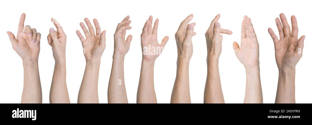 Gruppo di gesti delle mani maschili isolati su sfondo bianco incluso il tracciato di ritaglio. Foto Stock