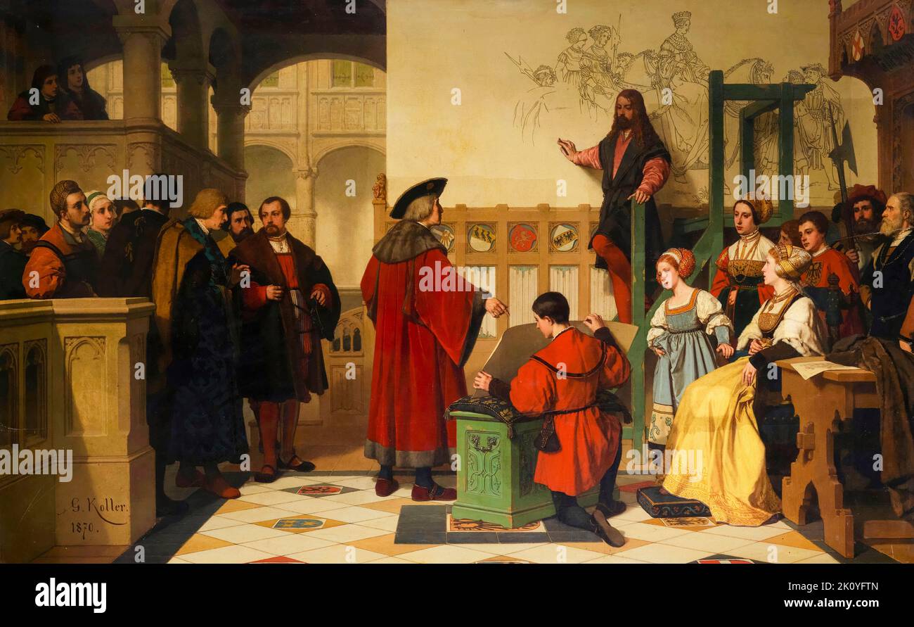 Albrecht Dürer è visitata dall'imperatore Massimiliano i al lavoro, dipingendo in olio su tela di Wilhelm Koller, 1870 Foto Stock