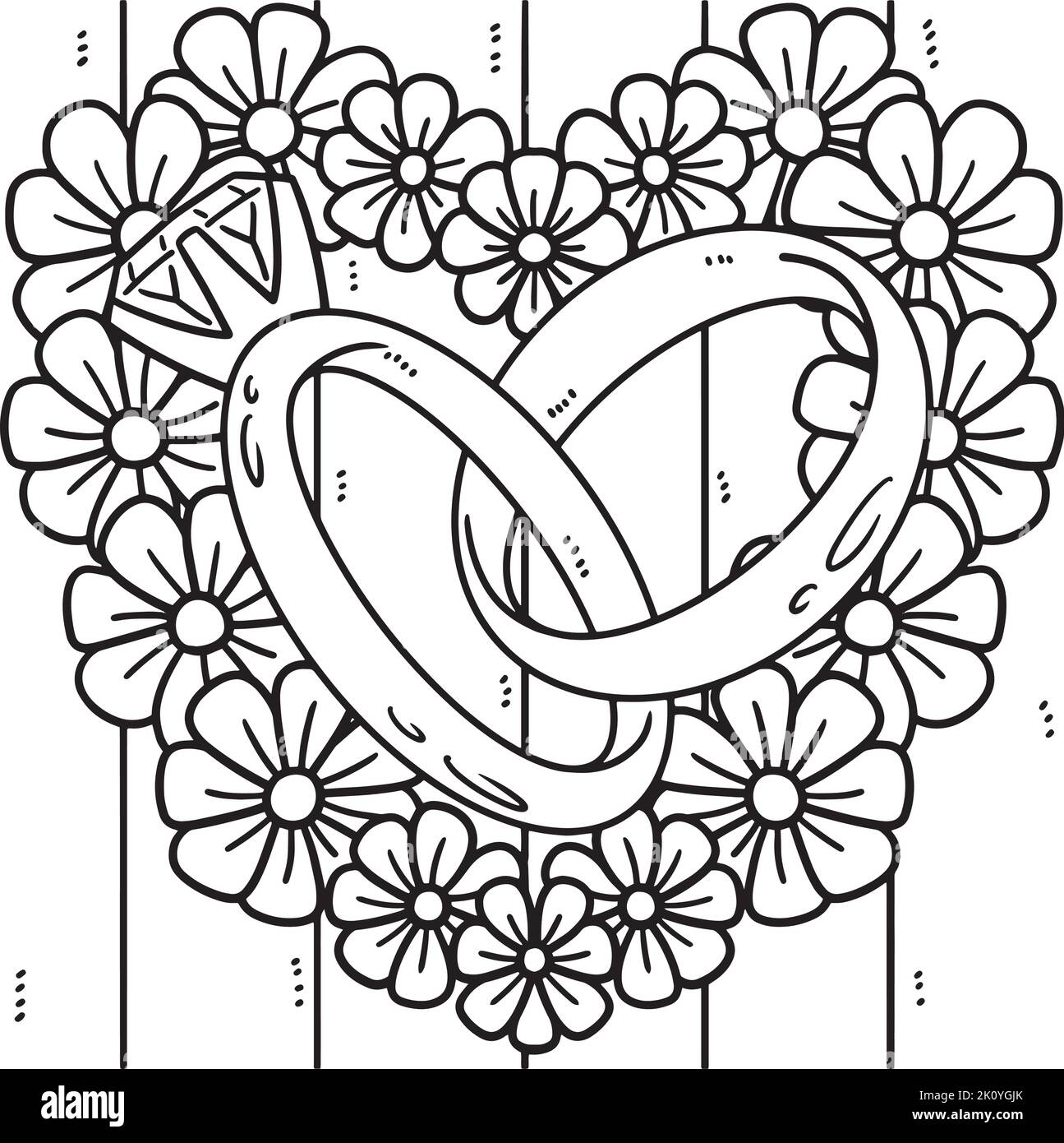 Una pagina da colorare carina e divertente di un anello di nozze in un fiore di cuore. Offre ore di divertimento colorando per i bambini. A colori, questa pagina è molto facile. Suitab Illustrazione Vettoriale