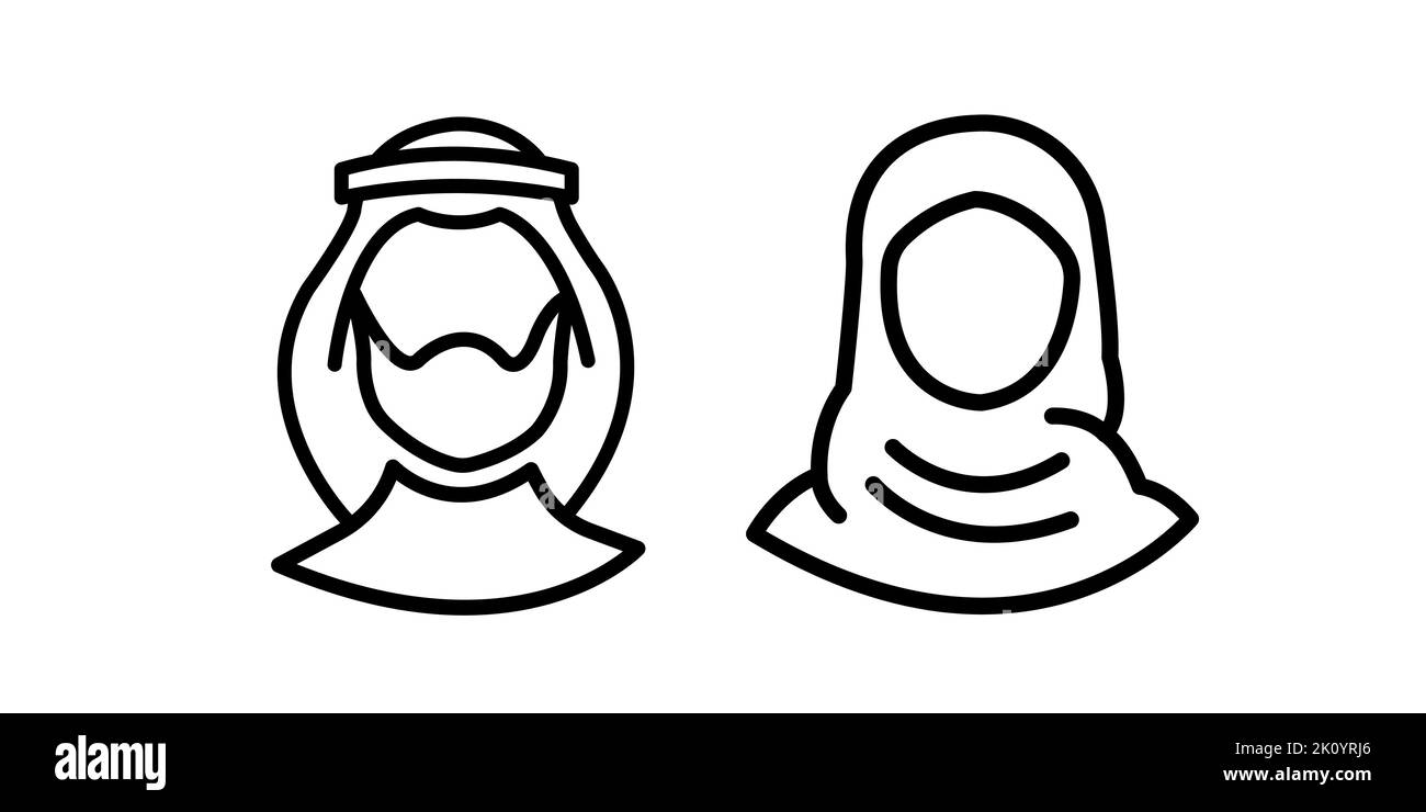 Uomo e donna musulmani. Coppia araba tradizionale. stile piatto. Icona nera su sfondo bianco isolato Illustrazione Vettoriale