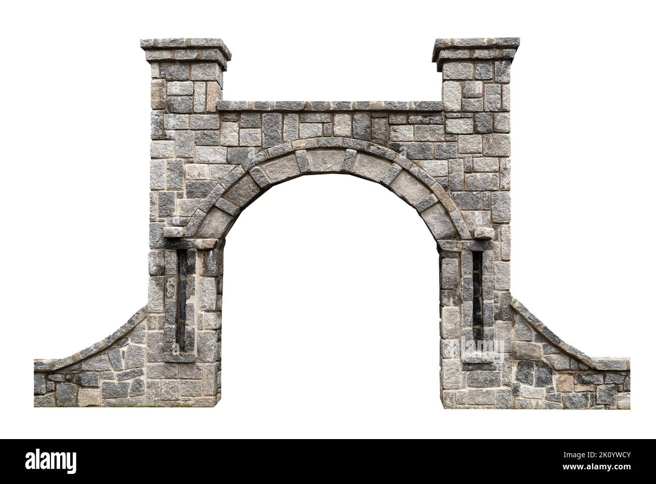 vista frontale primo piano di una porta antica con arcate in pietra architettonica e pareti circostanti isolate su sfondo bianco Foto Stock